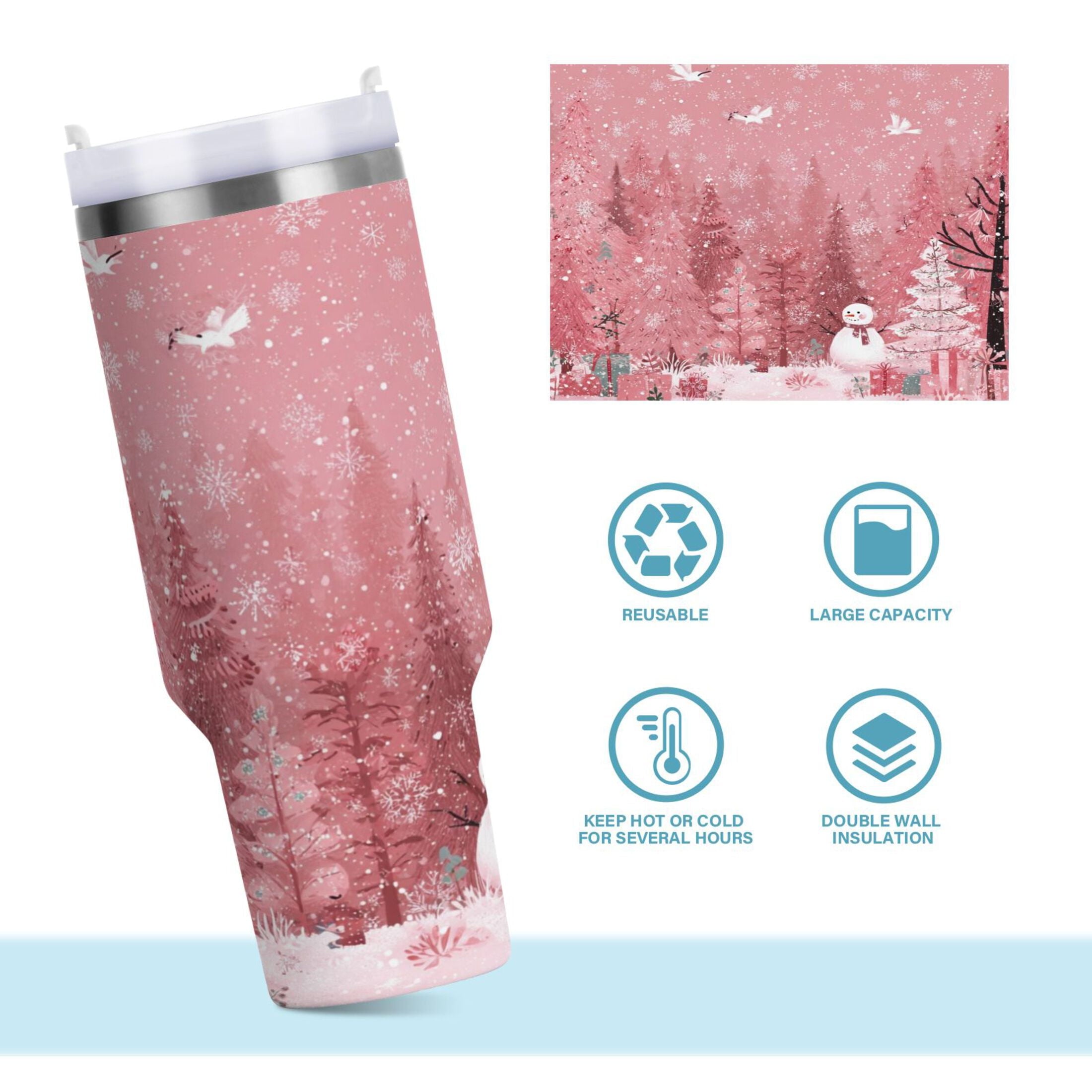 40 oz Insulated Stainless Steel Tumbler Double Wall Stainless Steel Tumbler with 2-Way Drinking Christmas Forest with Snowmen M428E