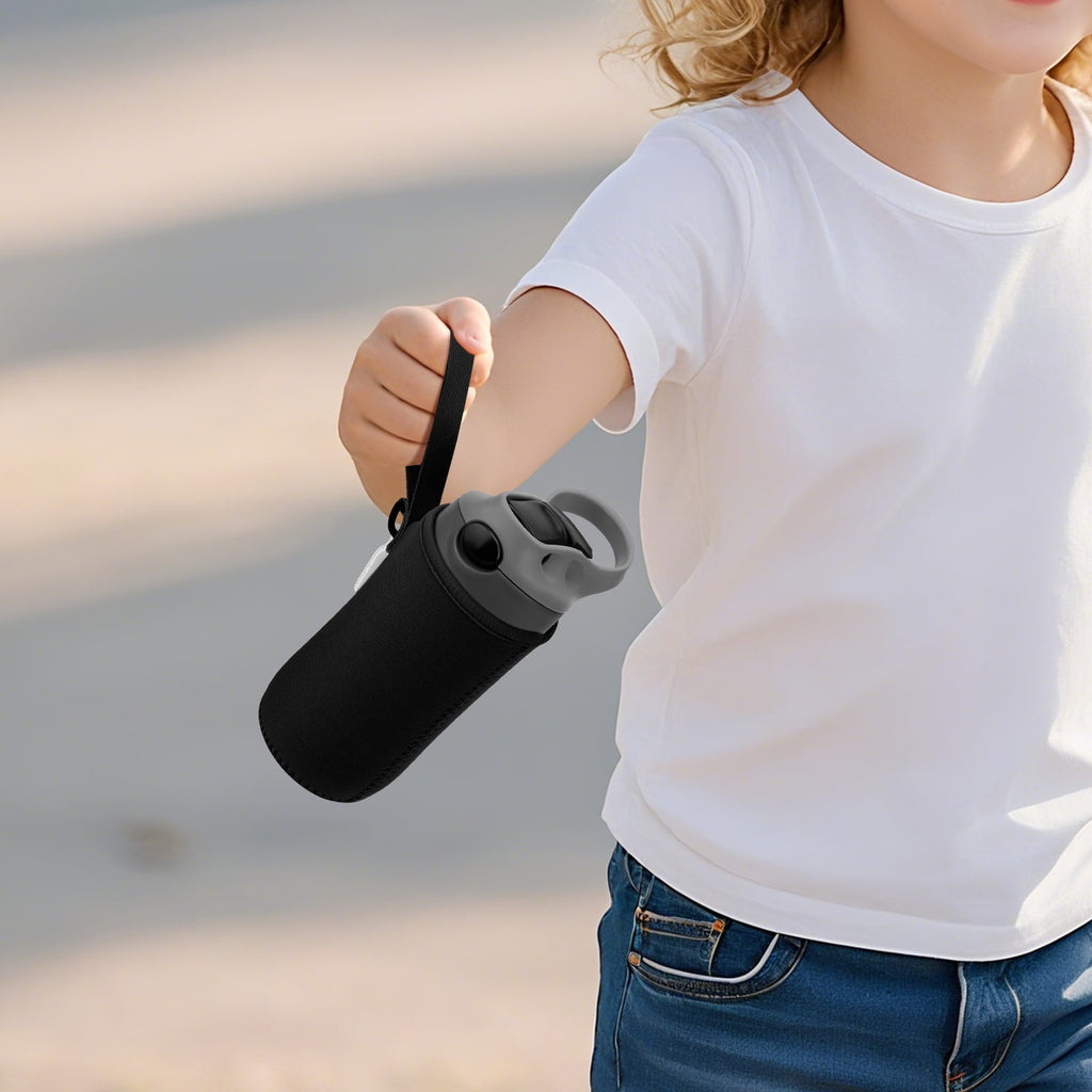 Linkidea Water Bottle Sleeve Compatible with Contigo Aubrey Tritan 14oz, Steel 13oz Kids Bottle, Waterbottle Holder Bag with Name Tag, Black M132G