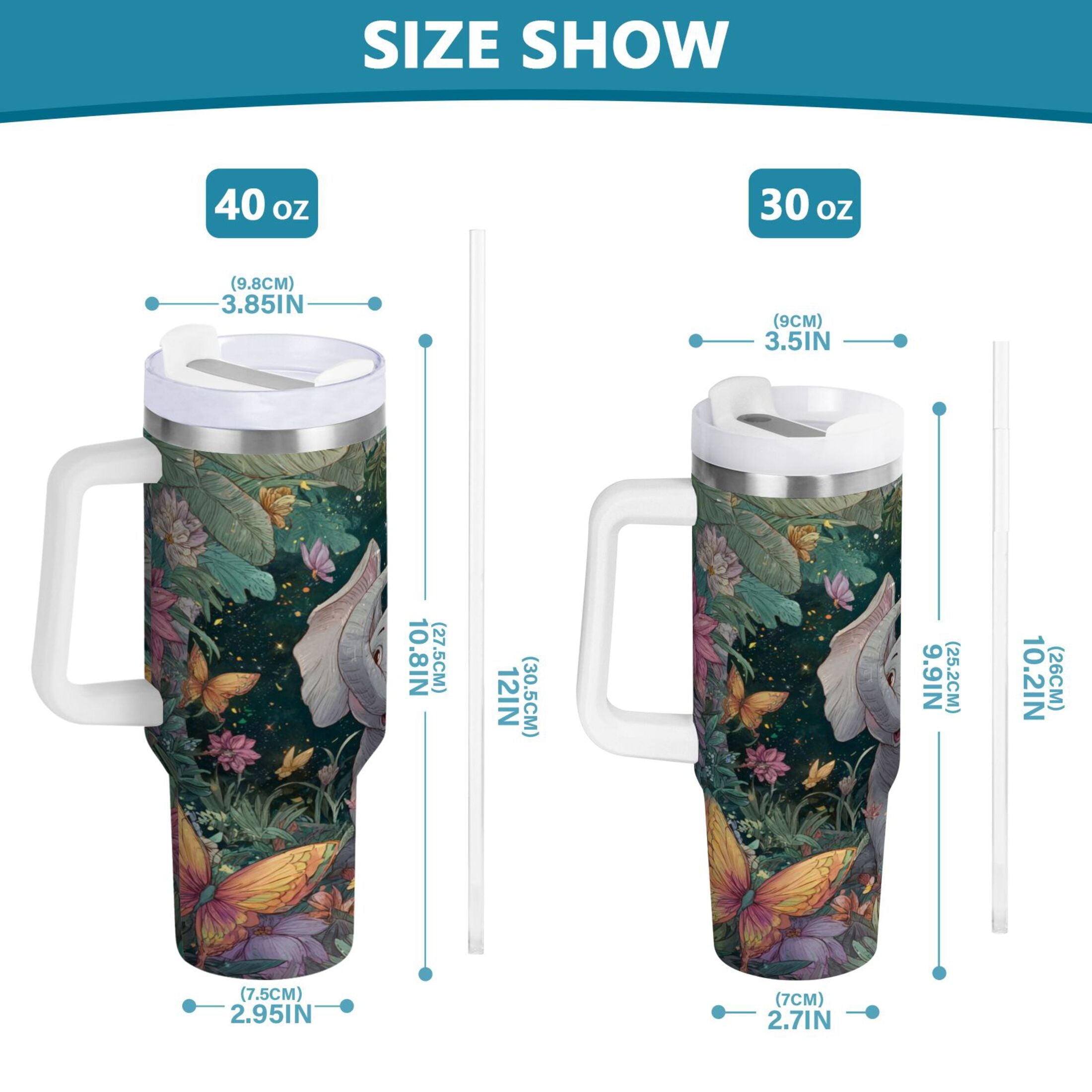 40 oz Insulated Stainless Steel Tumbler Double Wall Stainless Steel Tumbler with 2-Way Drinking Cute Elephant M460H