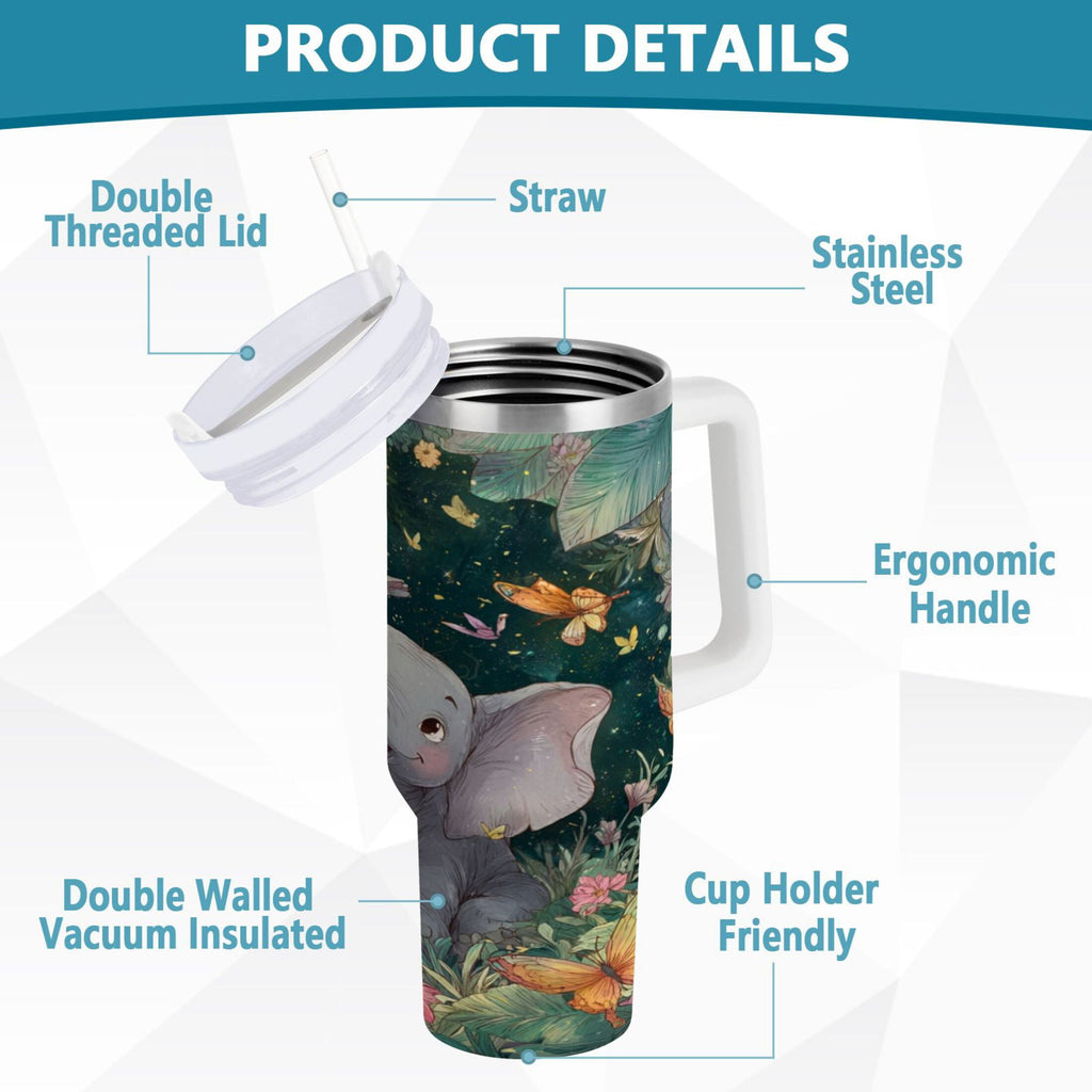 40 oz Insulated Stainless Steel Tumbler Double Wall Stainless Steel Tumbler with 2-Way Drinking Cute Elephant M460H