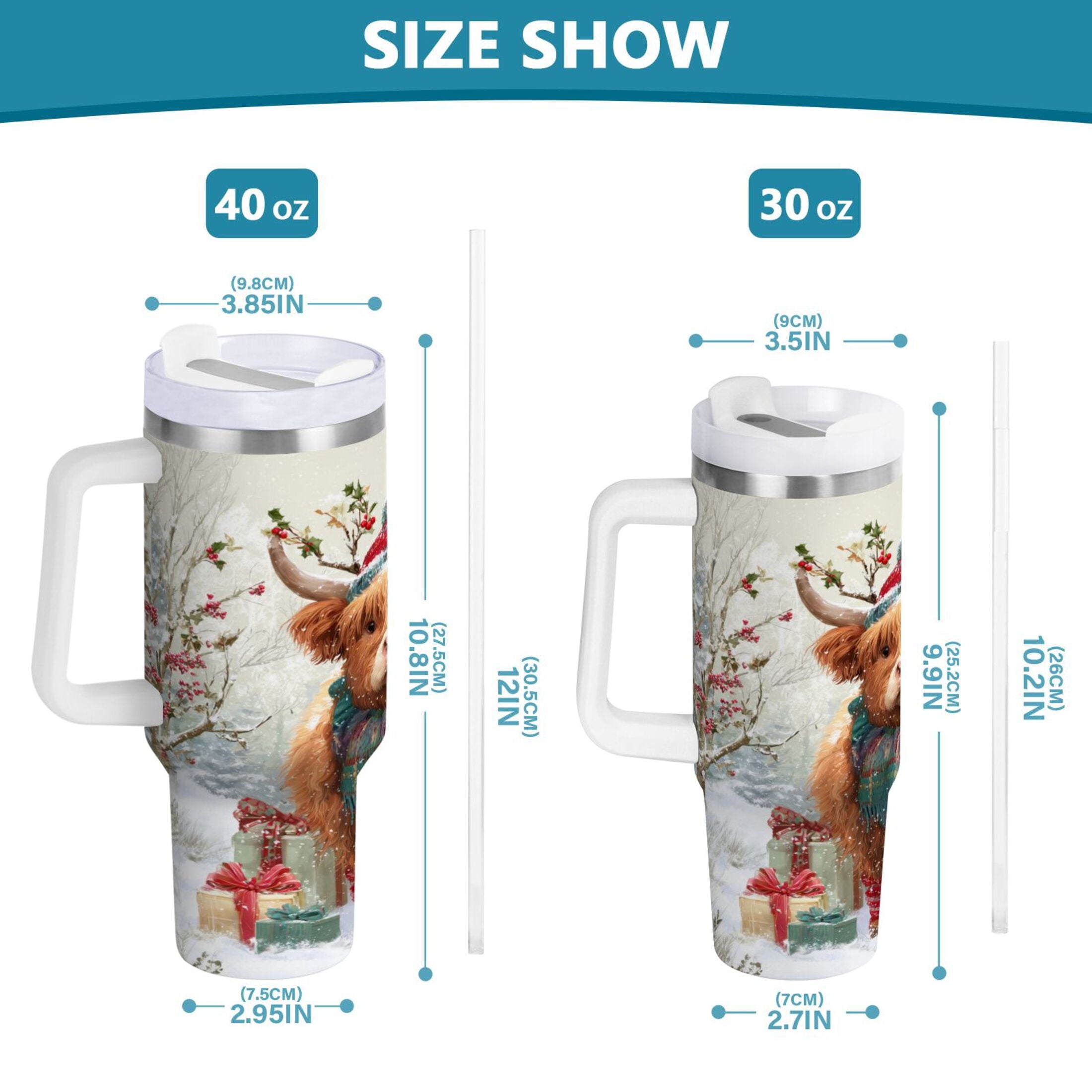 30 oz Insulated Stainless Steel Tumbler Double Wall Stainless Steel Tumbler with 2-Way Drinking Cow Wearing Christmas Hat M681V