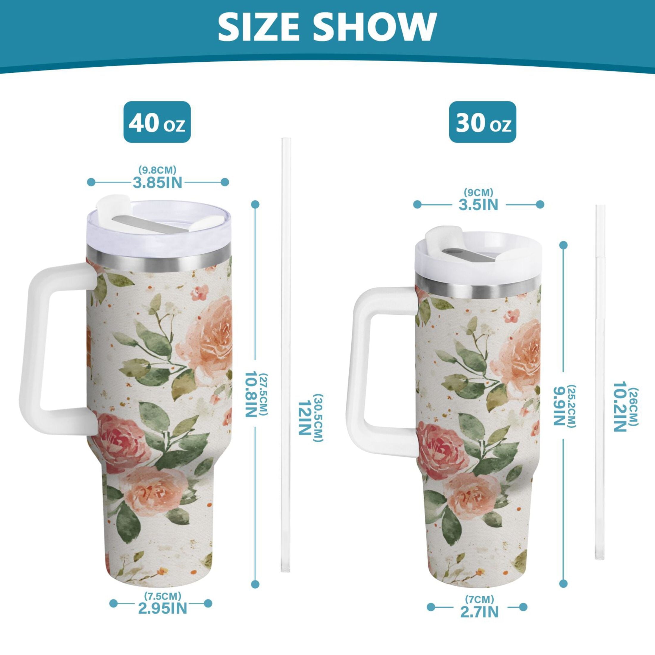 40 oz Insulated Stainless Steel Tumbler Double Wall Stainless Steel Tumbler with 2-Way Drinking Watercolor Rose Floral Pattern M499U