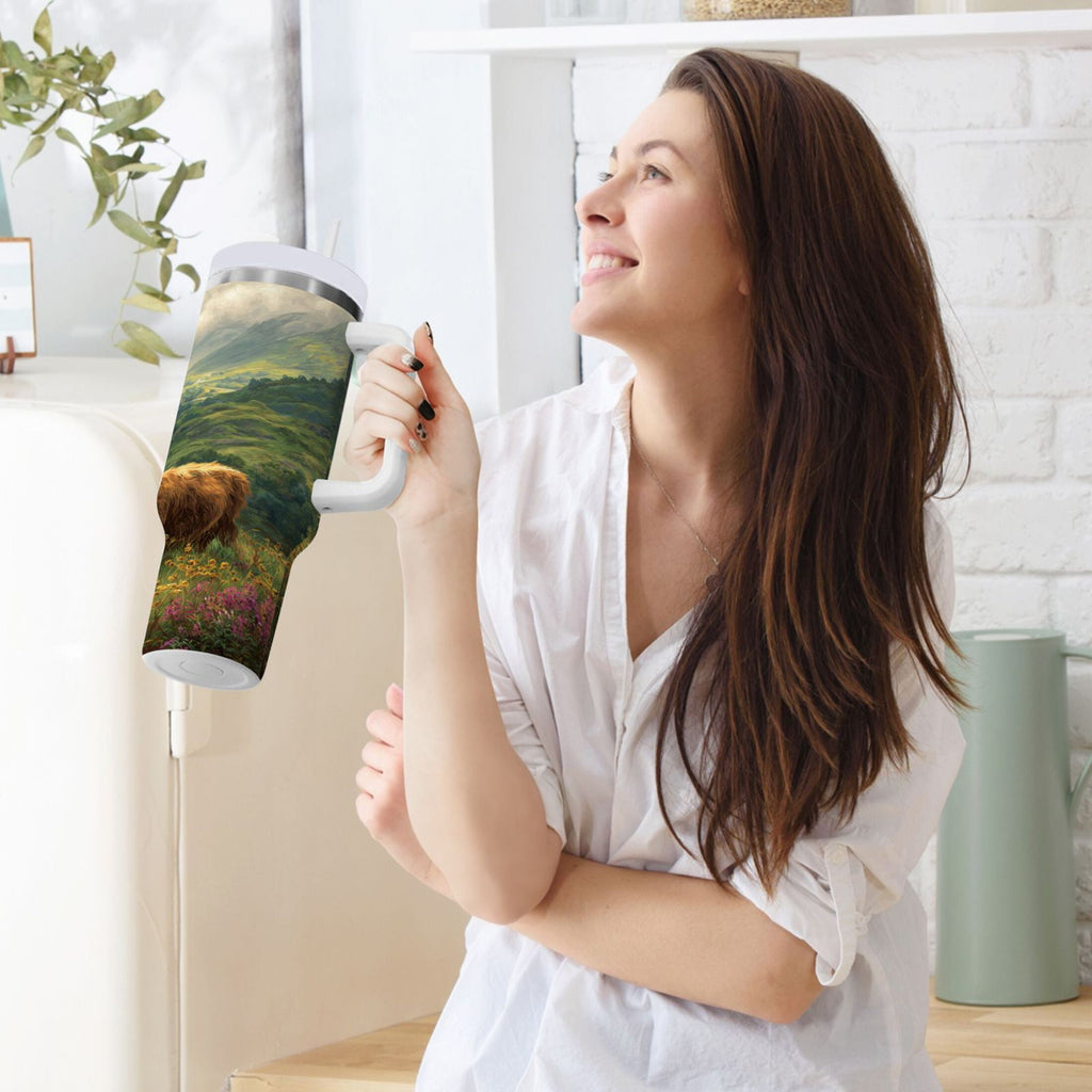 30 oz Insulated Stainless Steel Tumbler Double Wall Stainless Steel Tumbler with 2-Way Drinking Cow in Green Rolling Hills M586P