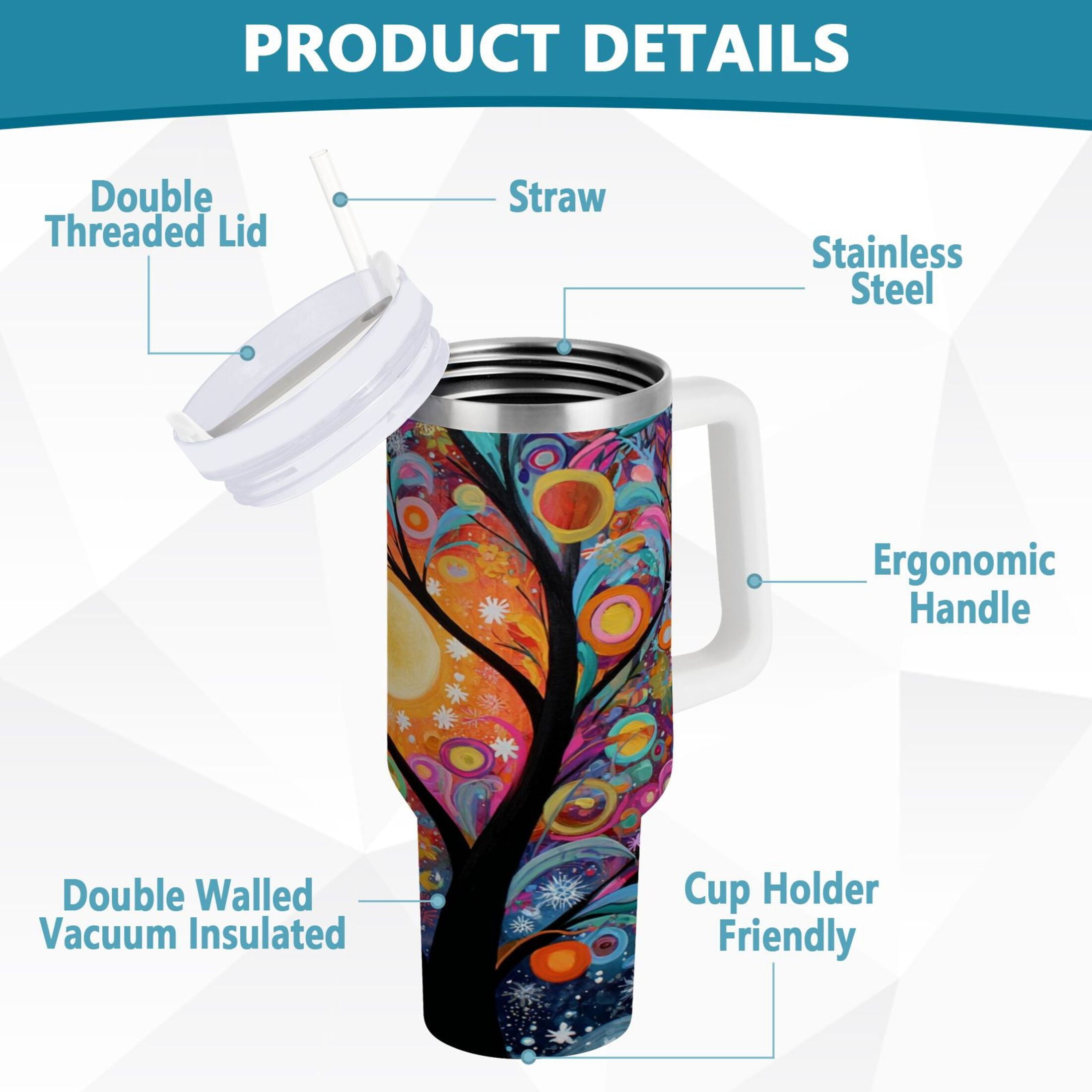 30 oz Insulated Stainless Steel Tumbler Double Wall Stainless Steel Tumbler with 2-Way Drinking Beautiful Abstract Tree Painting M654J