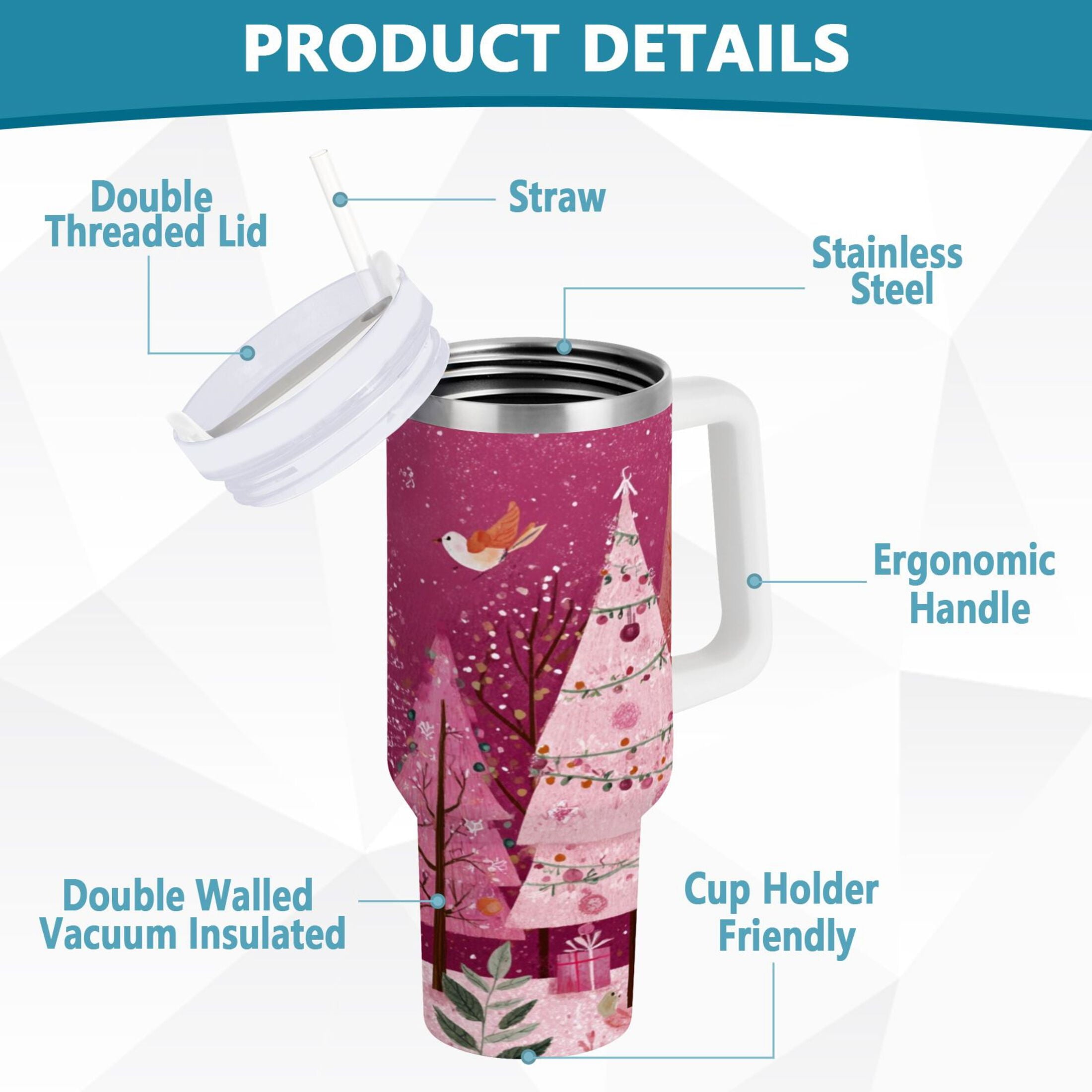40 oz Insulated Stainless Steel Tumbler Double Wall Stainless Steel Tumbler with 2-Way Drinking Pink Christmas Forest M512A