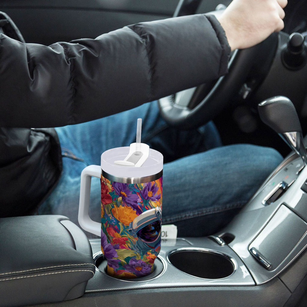 40 oz Insulated Stainless Steel Tumbler Double Wall Stainless Steel Tumbler with 2-Way Drinking Colorful Flowers and Planets M598F