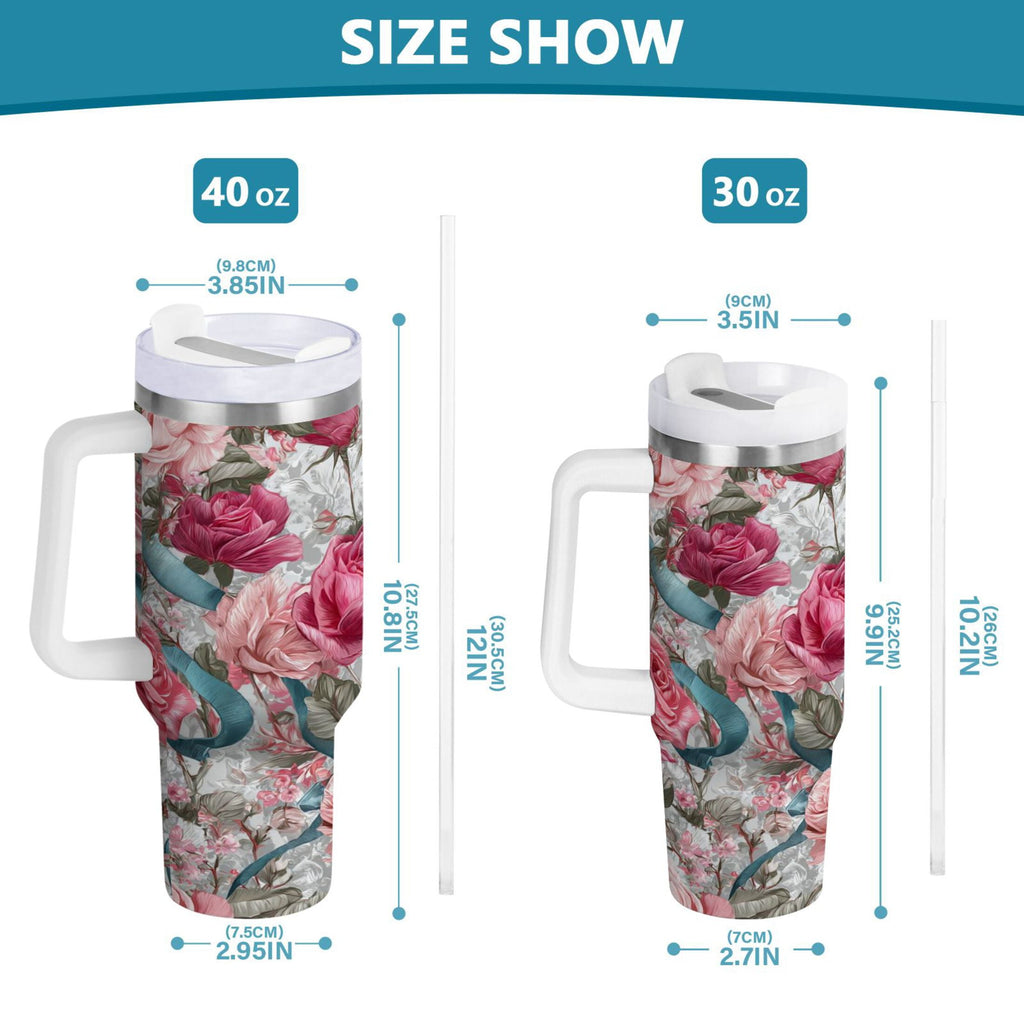 30 oz Insulated Stainless Steel Tumbler Double Wall Stainless Steel Tumbler with 2-Way Drinking Roses and Ribbons M675U
