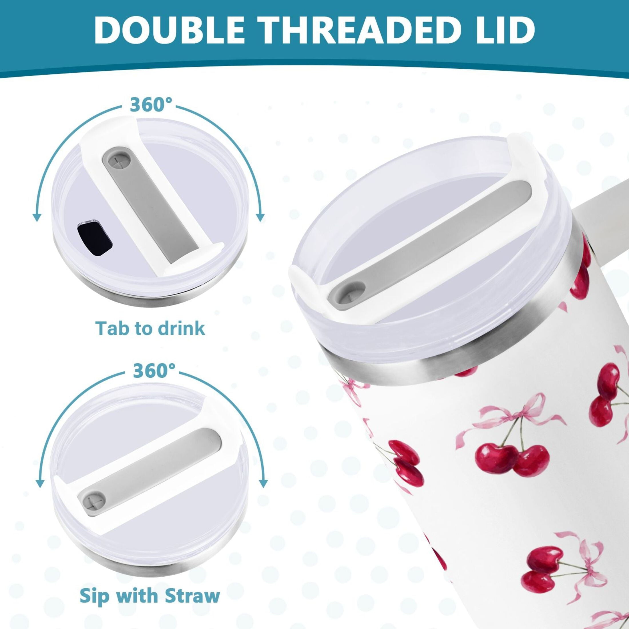 30 oz Insulated Stainless Steel Tumbler Double Wall Stainless Steel Tumbler with 2-Way Drinking Watercolor Cherries Pattern M604L