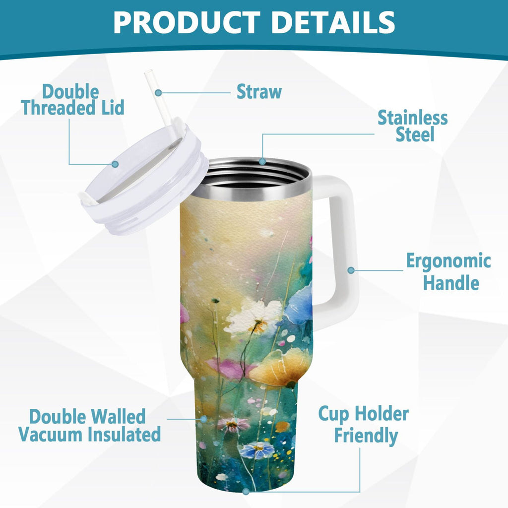30 oz Insulated Stainless Steel Tumbler Double Wall Stainless Steel Tumbler with 2-Way Drinking Watercolor Wildflowers M563C