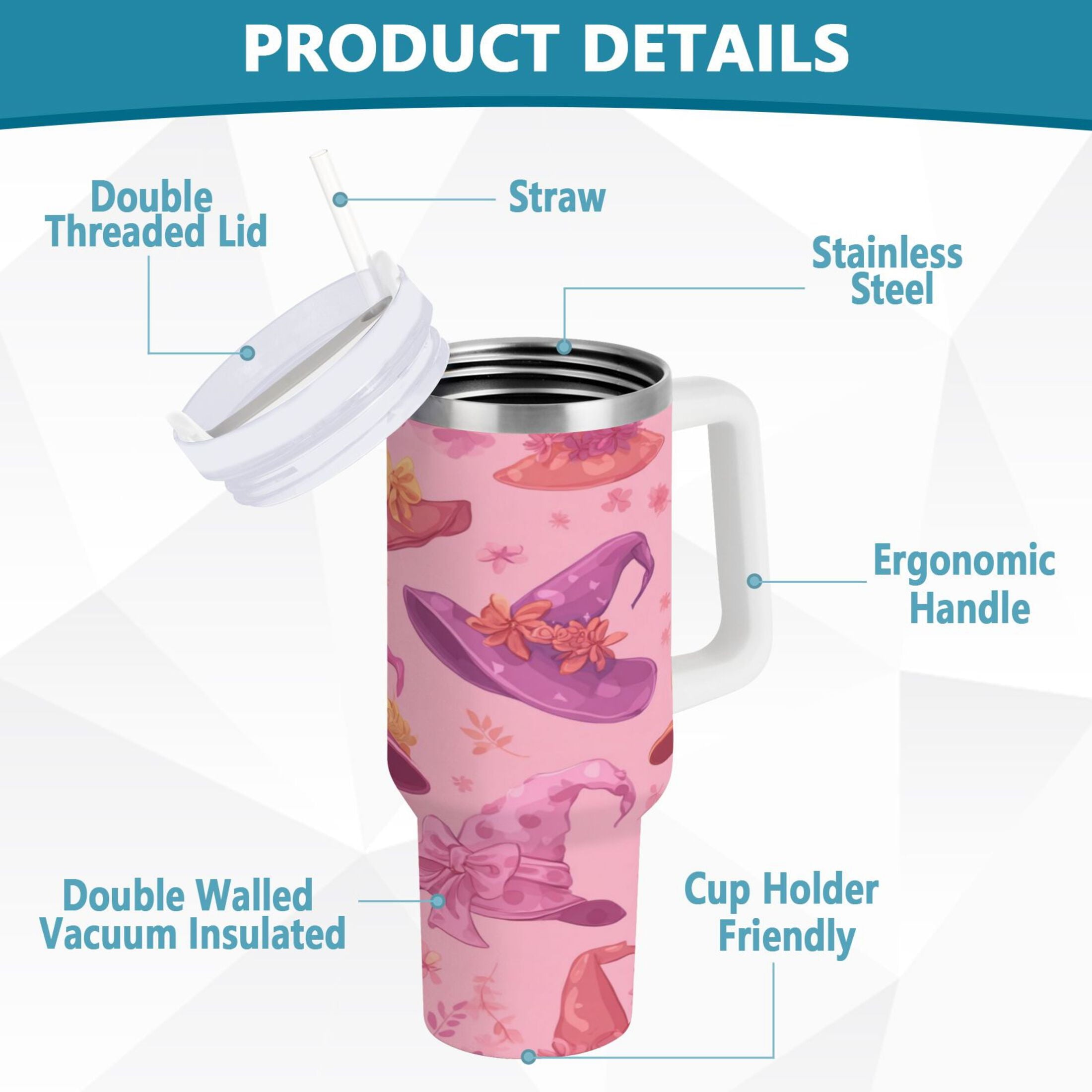 30 oz Insulated Stainless Steel Tumbler Double Wall Stainless Steel Tumbler with 2-Way Drinking Colorful Hat Pattern M543L