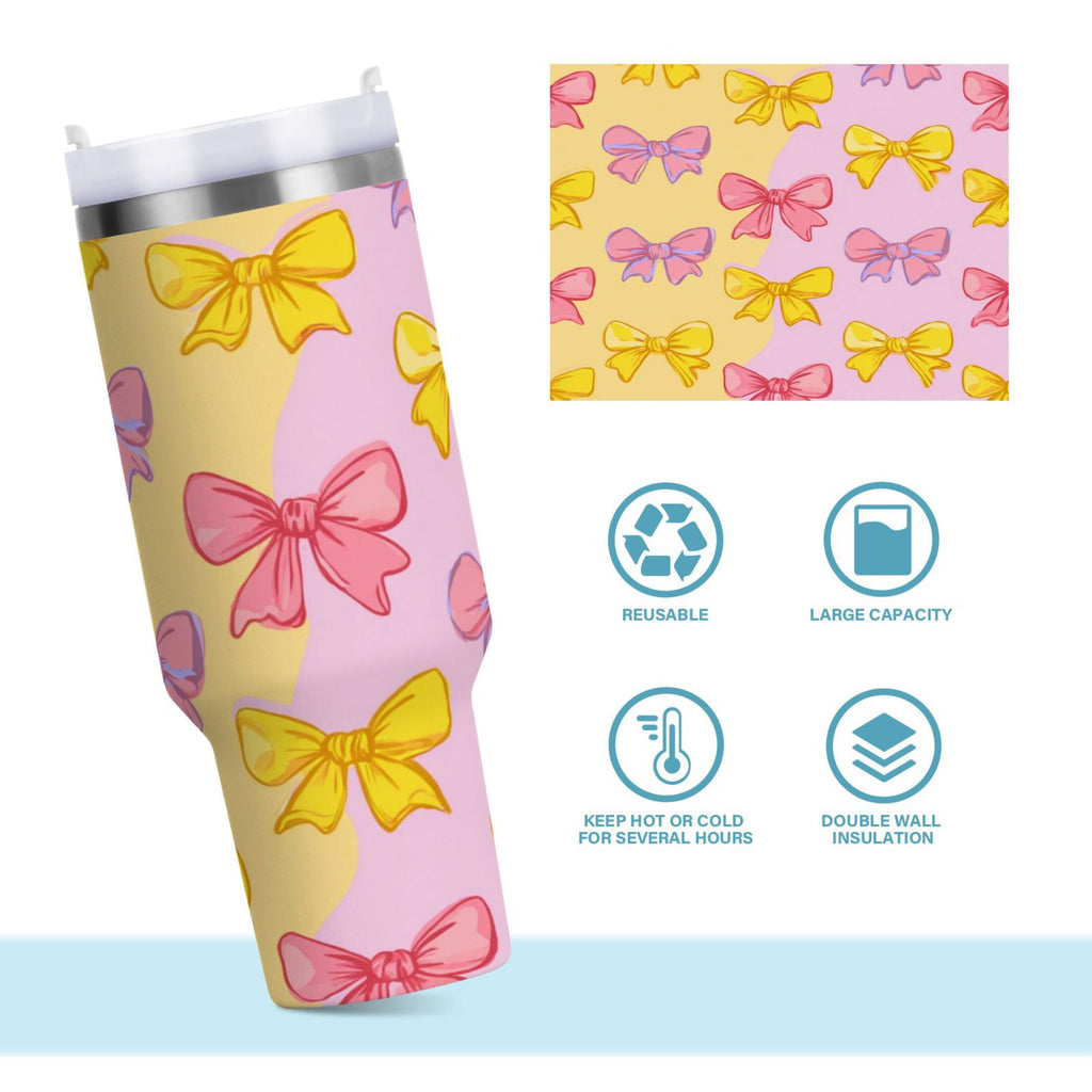 30 oz Insulated Stainless Steel Tumbler Double Wall Stainless Steel Tumbler with 2-Way Drinking Yellow and Pink Bows M566J