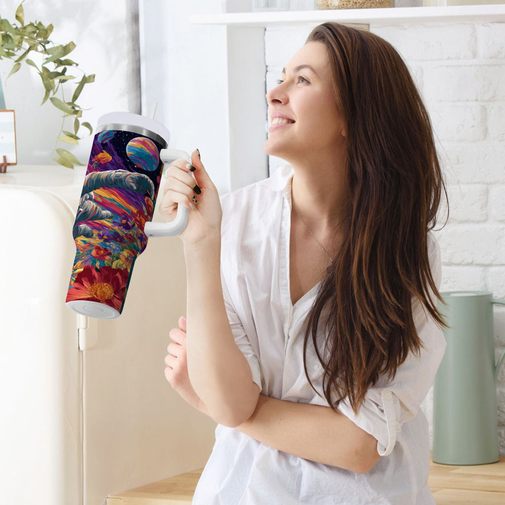 40 oz Insulated Stainless Steel Tumbler Double Wall Stainless Steel Tumbler with 2-Way Drinking Colorful Flowers and Planets M598F