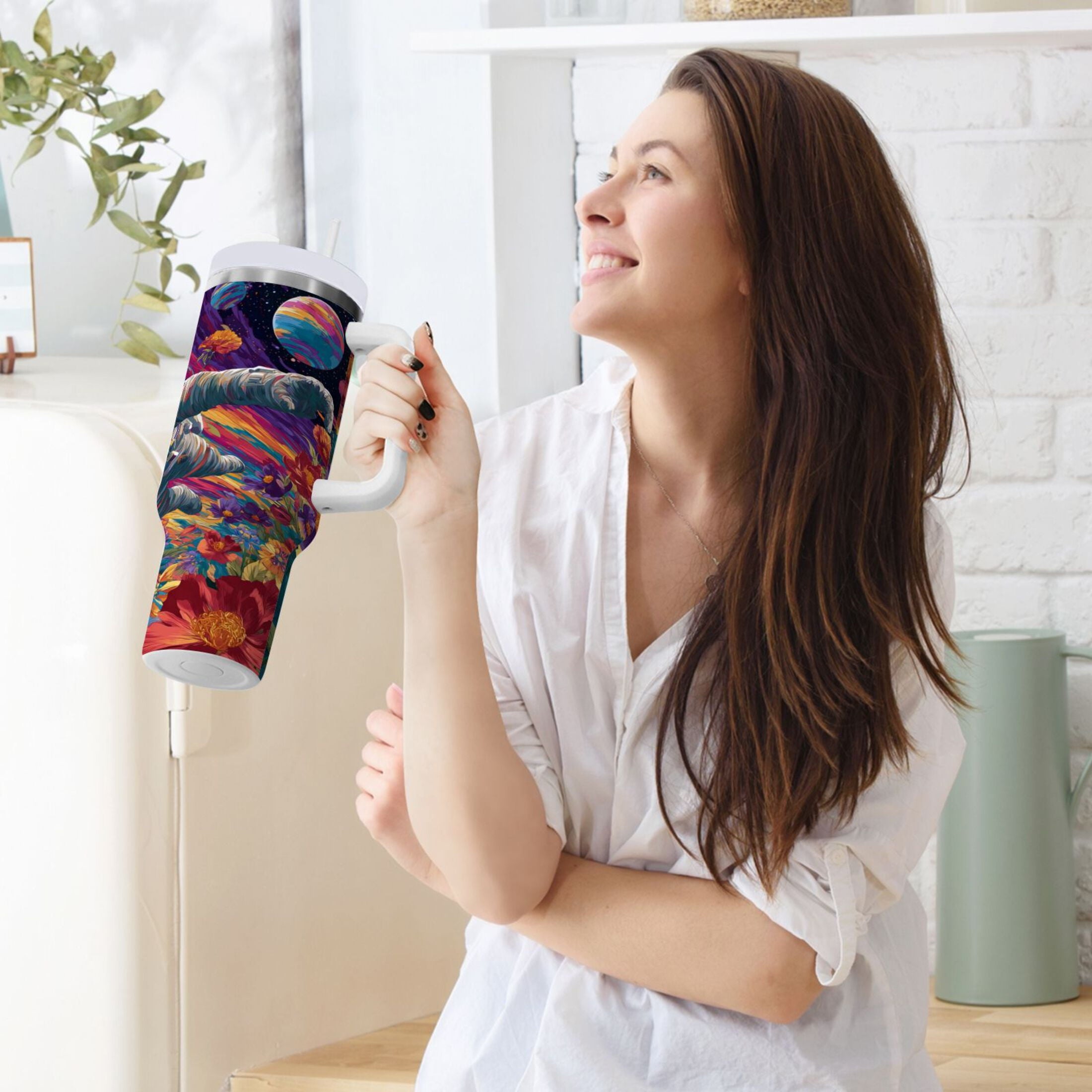 40 oz Insulated Stainless Steel Tumbler Double Wall Stainless Steel Tumbler with 2-Way Drinking Colorful Flowers and Planets M598F