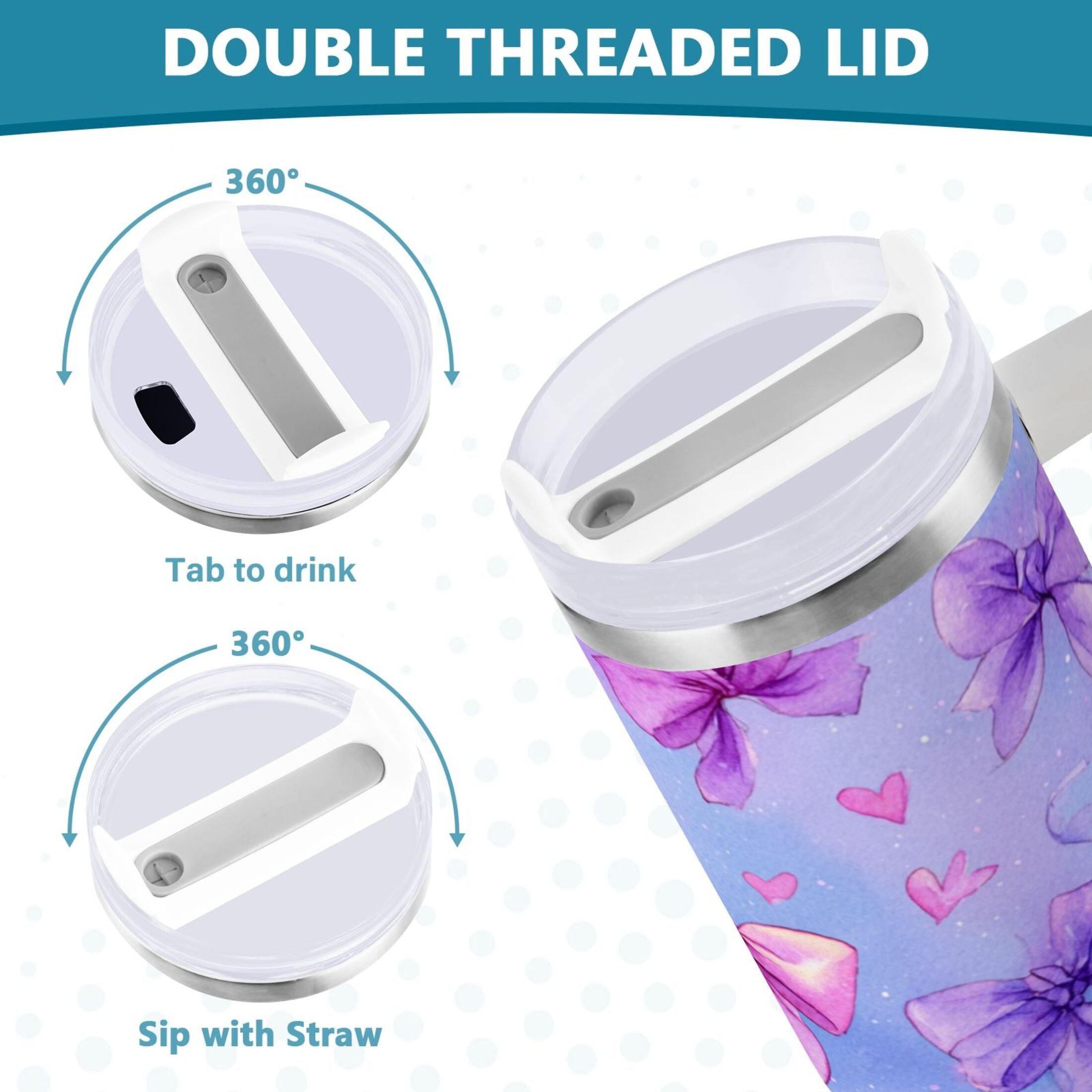 30 oz Insulated Stainless Steel Tumbler Double Wall Stainless Steel Tumbler with 2-Way Drinking Watercolor Bows Pattern M627P