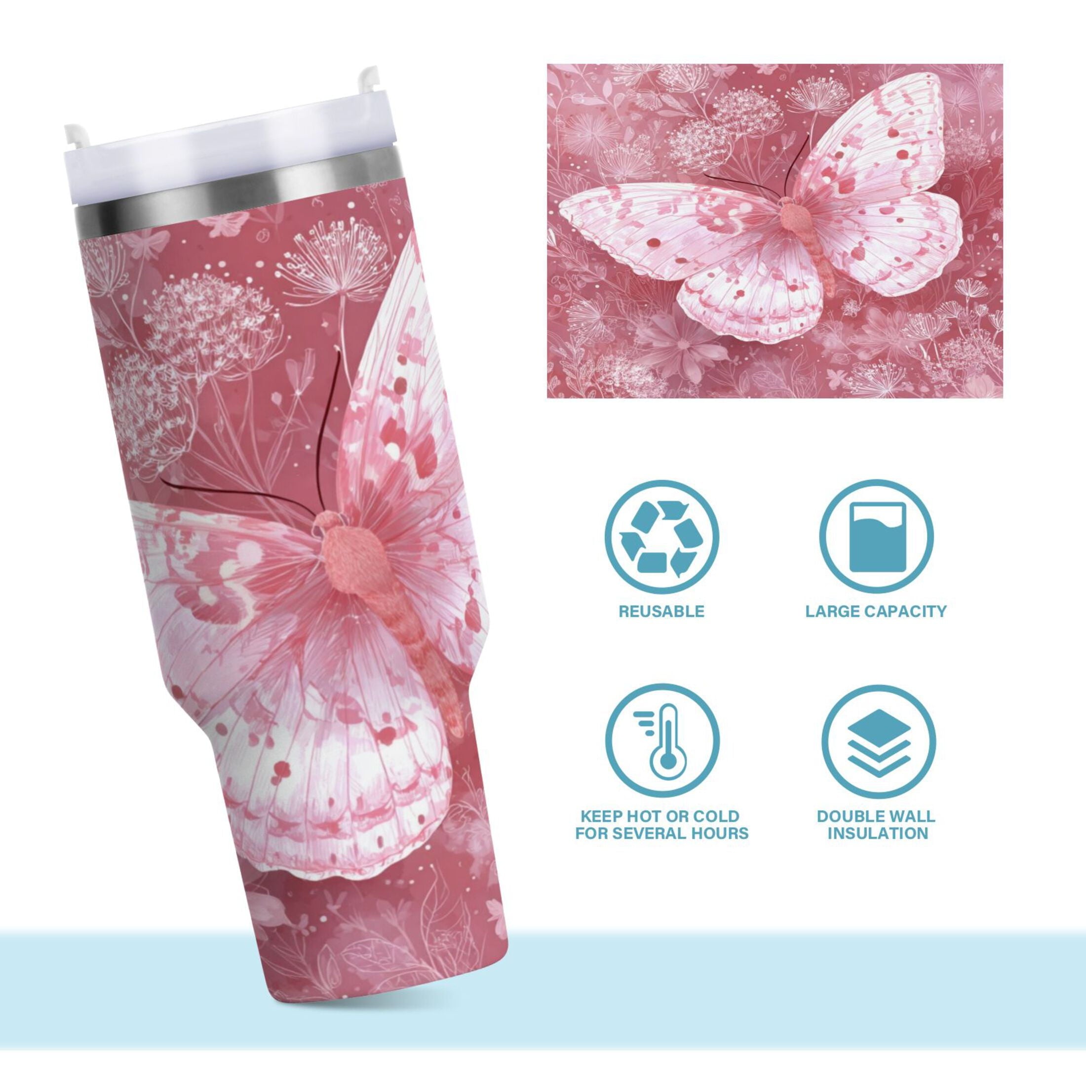 30 oz Insulated Stainless Steel Tumbler Double Wall Stainless Steel Tumbler with 2-Way Drinking Soft Pink Butterfly M561N