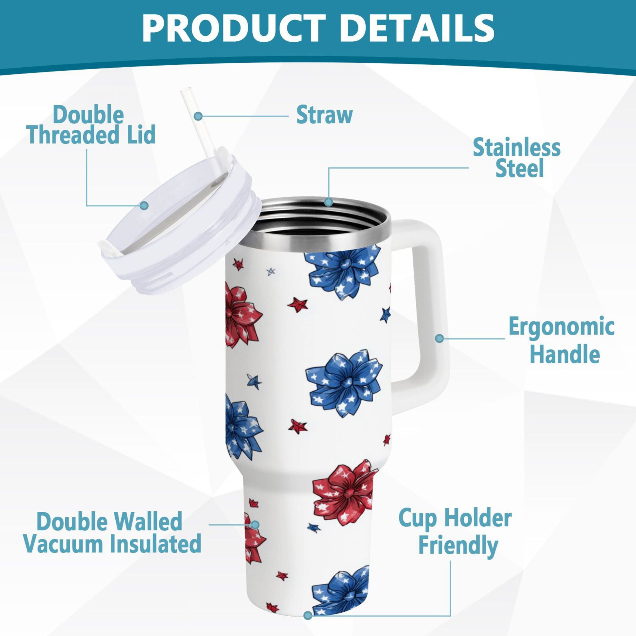40 oz Insulated Stainless Steel Tumbler Double Wall Stainless Steel Tumbler with 2-Way Drinking Stars and Stripes Puttern Flower M521C