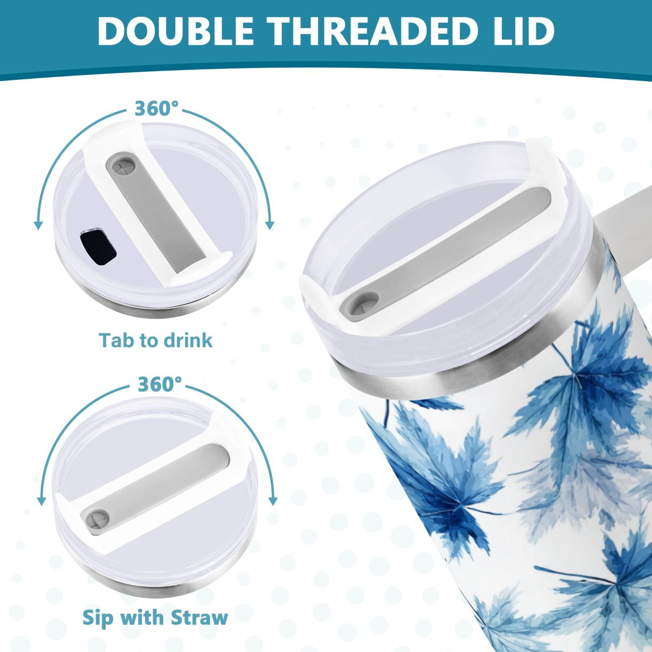30 oz Insulated Stainless Steel Tumbler Double Wall Stainless Steel Tumbler with 2-Way Drinking Abstract Blue Maple Leaves M581Q