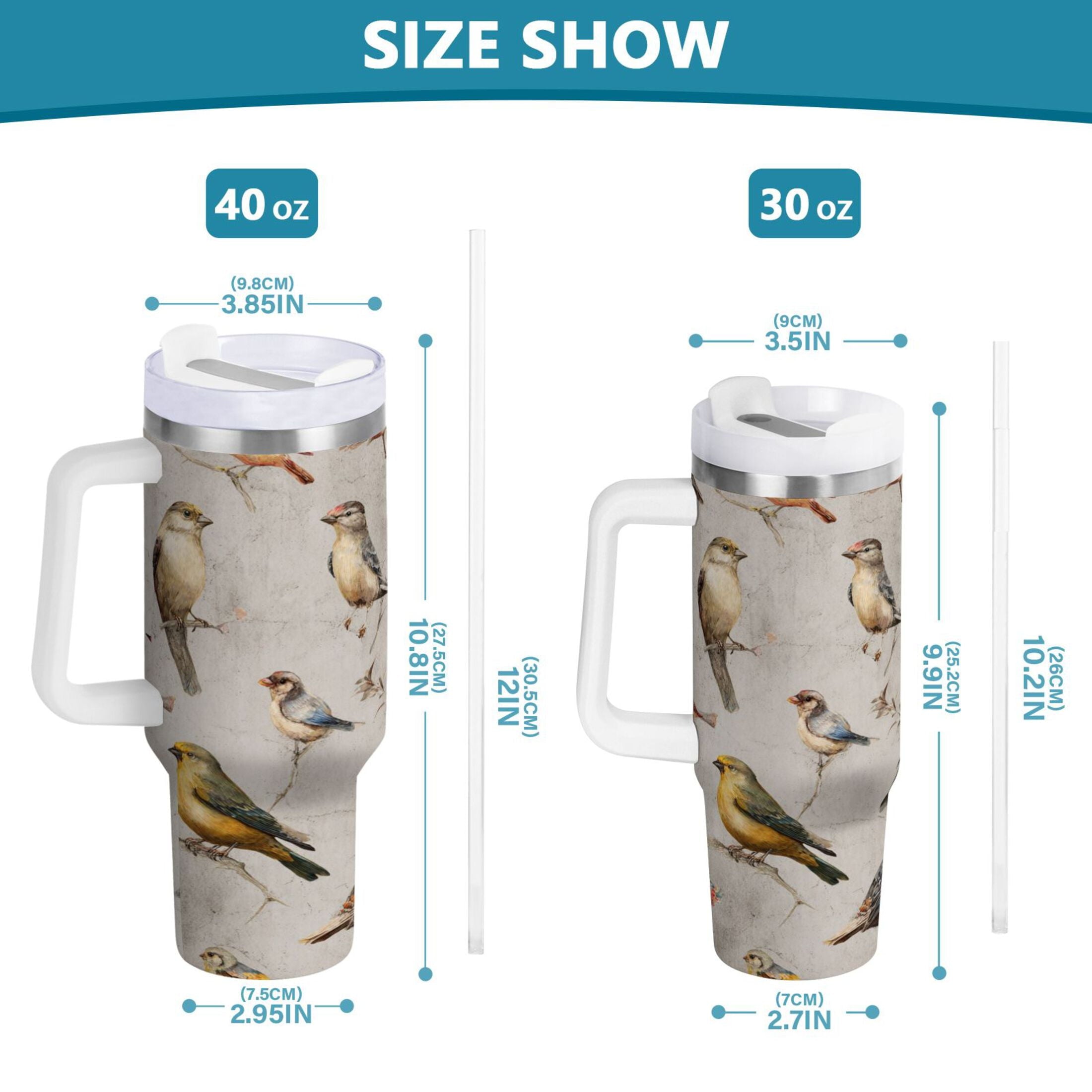 40 oz Insulated Stainless Steel Tumbler Double Wall Stainless Steel Tumbler with 2-Way Drinking Birds Pattern M612W