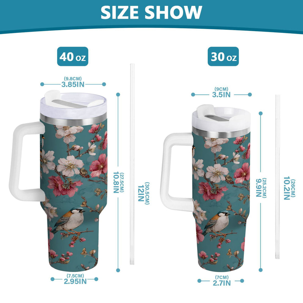 30 oz Insulated Stainless Steel Tumbler Double Wall Stainless Steel Tumbler with 2-Way Drinking Birds and Cherry Pattern M537H