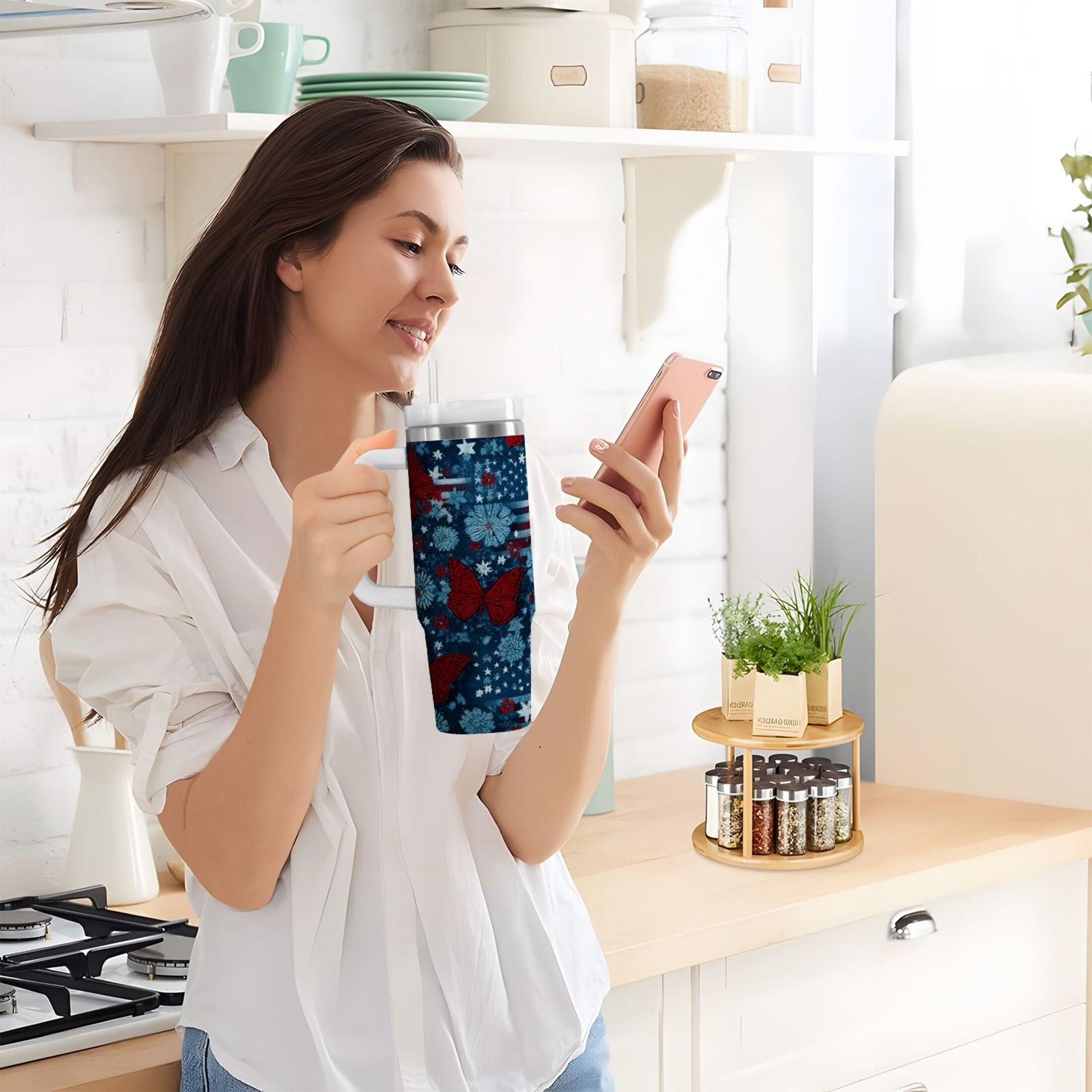 30 oz Insulated Stainless Steel Tumbler Double Wall Stainless Steel Tumbler with 2-Way Drinking Red Butterflies and Flags M621U