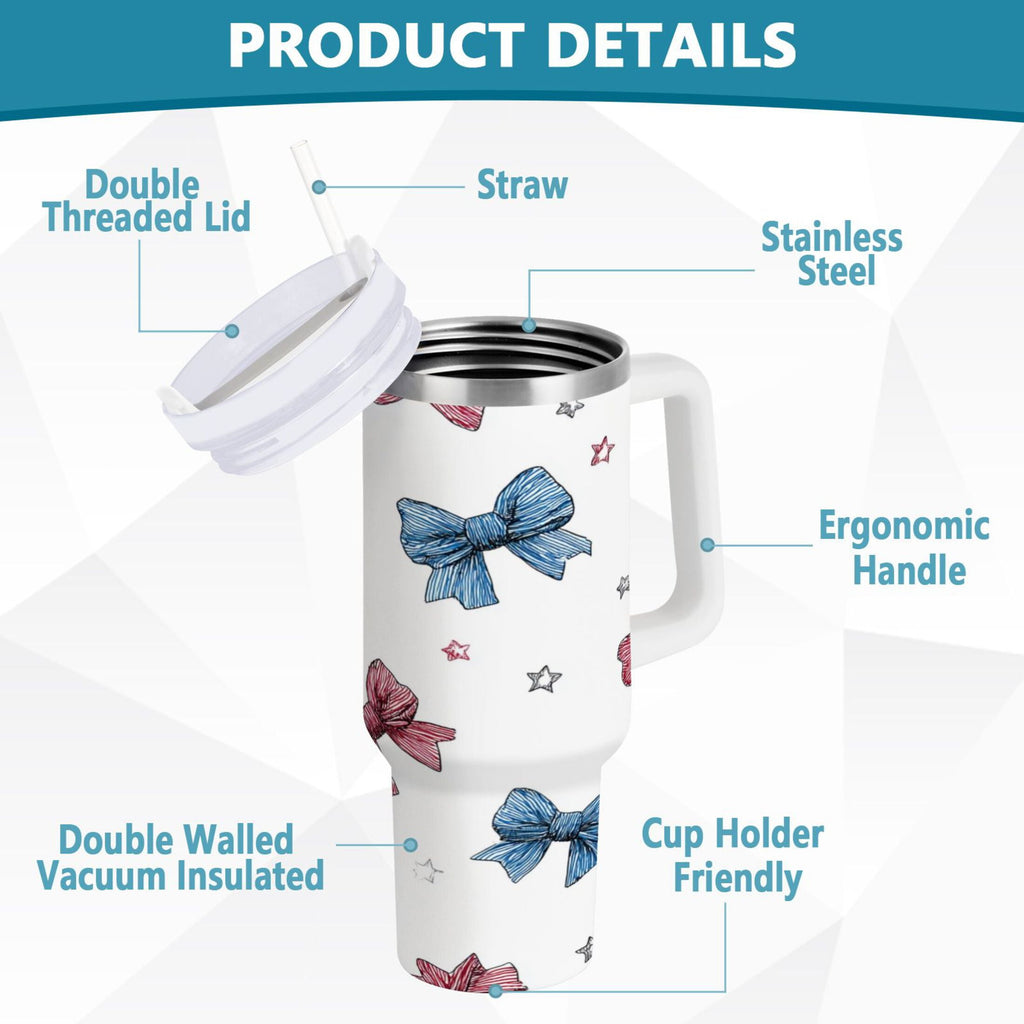 40 oz Insulated Stainless Steel Tumbler Double Wall Stainless Steel Tumbler with 2-Way Drinking Red and Blue Stripes Bows M510K