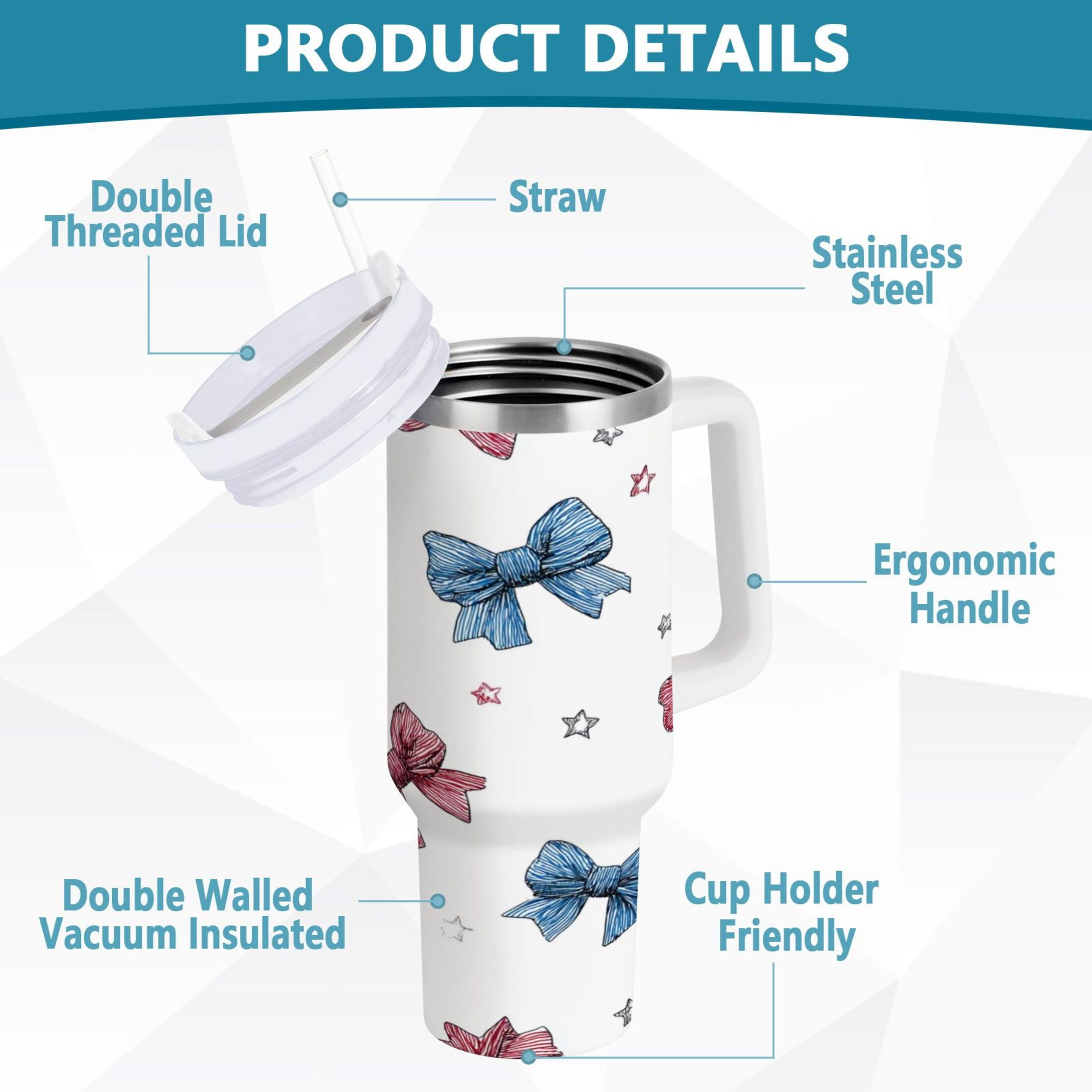 40 oz Insulated Stainless Steel Tumbler Double Wall Stainless Steel Tumbler with 2-Way Drinking Red and Blue Stripes Bows M510K