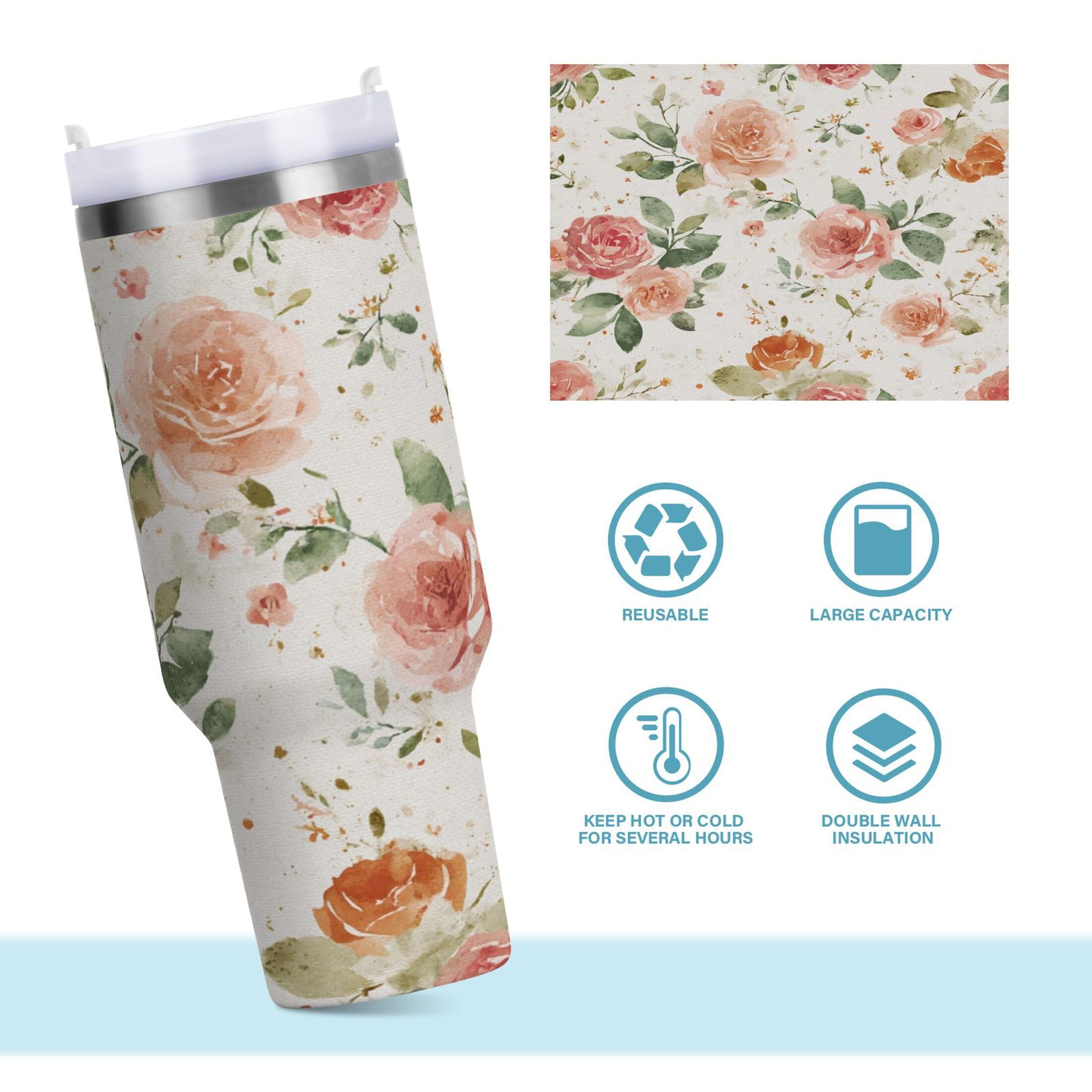 40 oz Insulated Stainless Steel Tumbler Double Wall Stainless Steel Tumbler with 2-Way Drinking Watercolor Rose Floral Pattern M499U