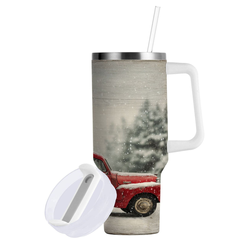 40 oz Insulated Stainless Steel Tumbler Double Wall Stainless Steel Tumbler with 2-Way Drinking Vintage Red Truck M631D