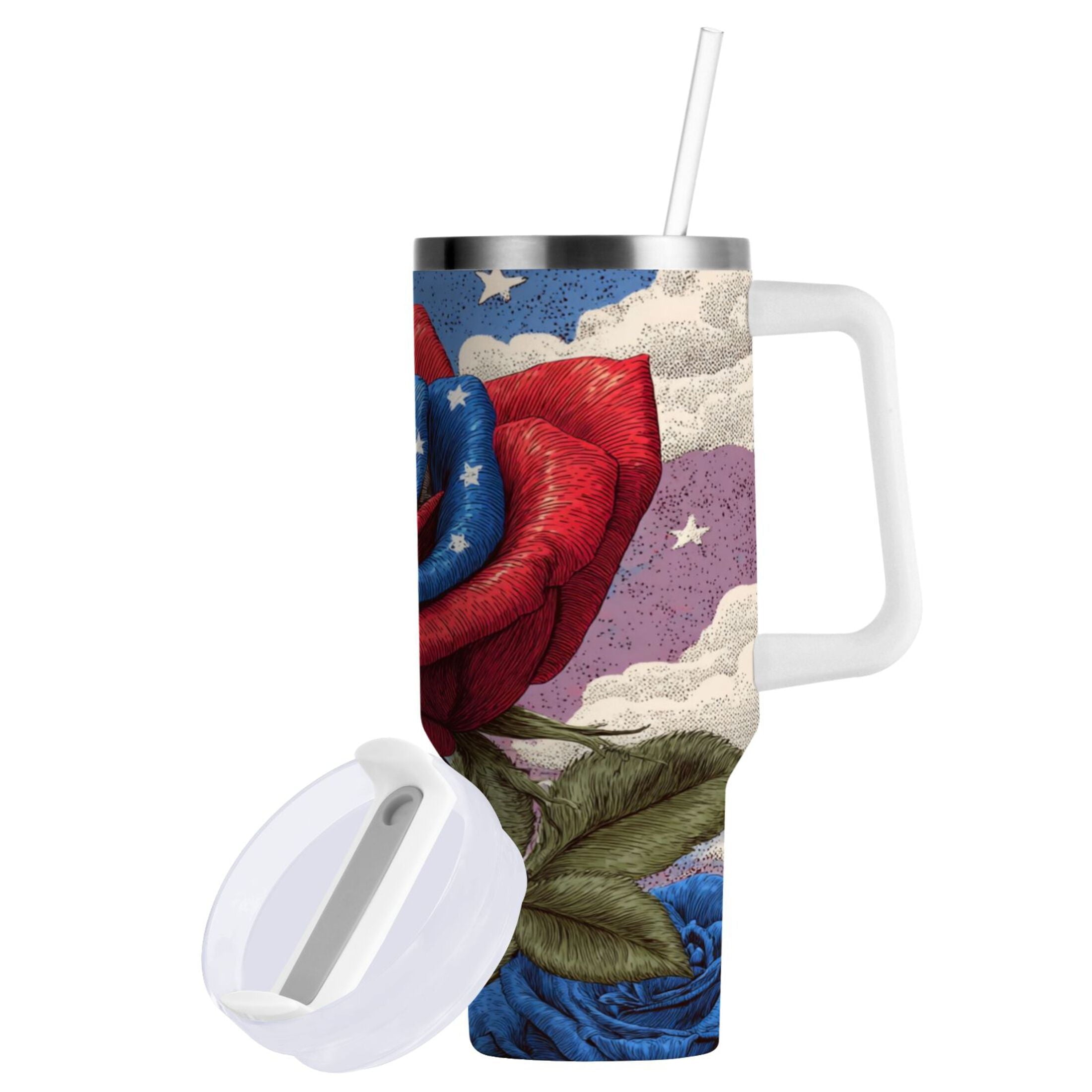 40 oz Insulated Stainless Steel Tumbler Double Wall Stainless Steel Tumbler with 2-Way Drinking Roses and Clouds M523D