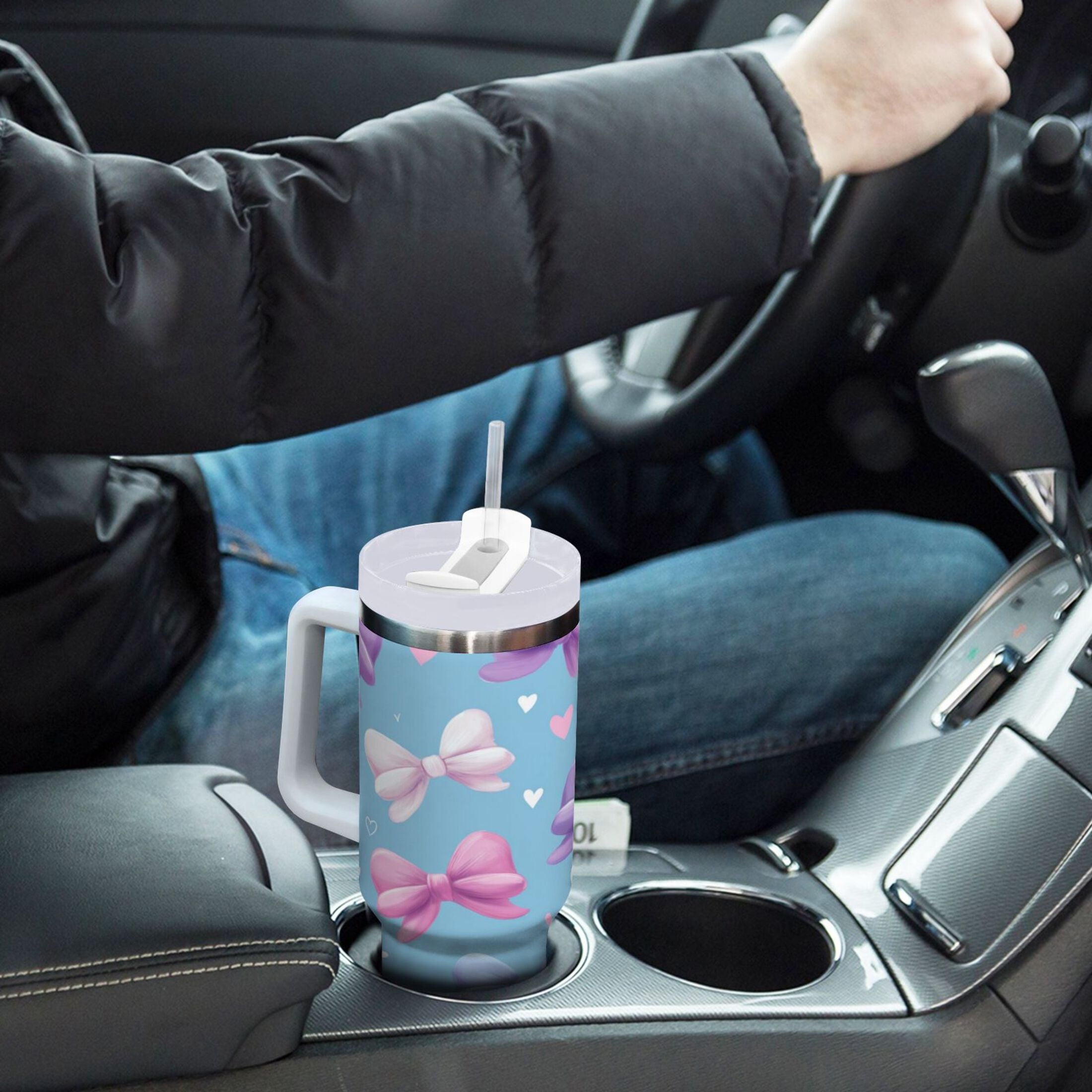 30 oz Insulated Stainless Steel Tumbler Double Wall Stainless Steel Tumbler with 2-Way Drinking Pink and Purple Bows M526Z