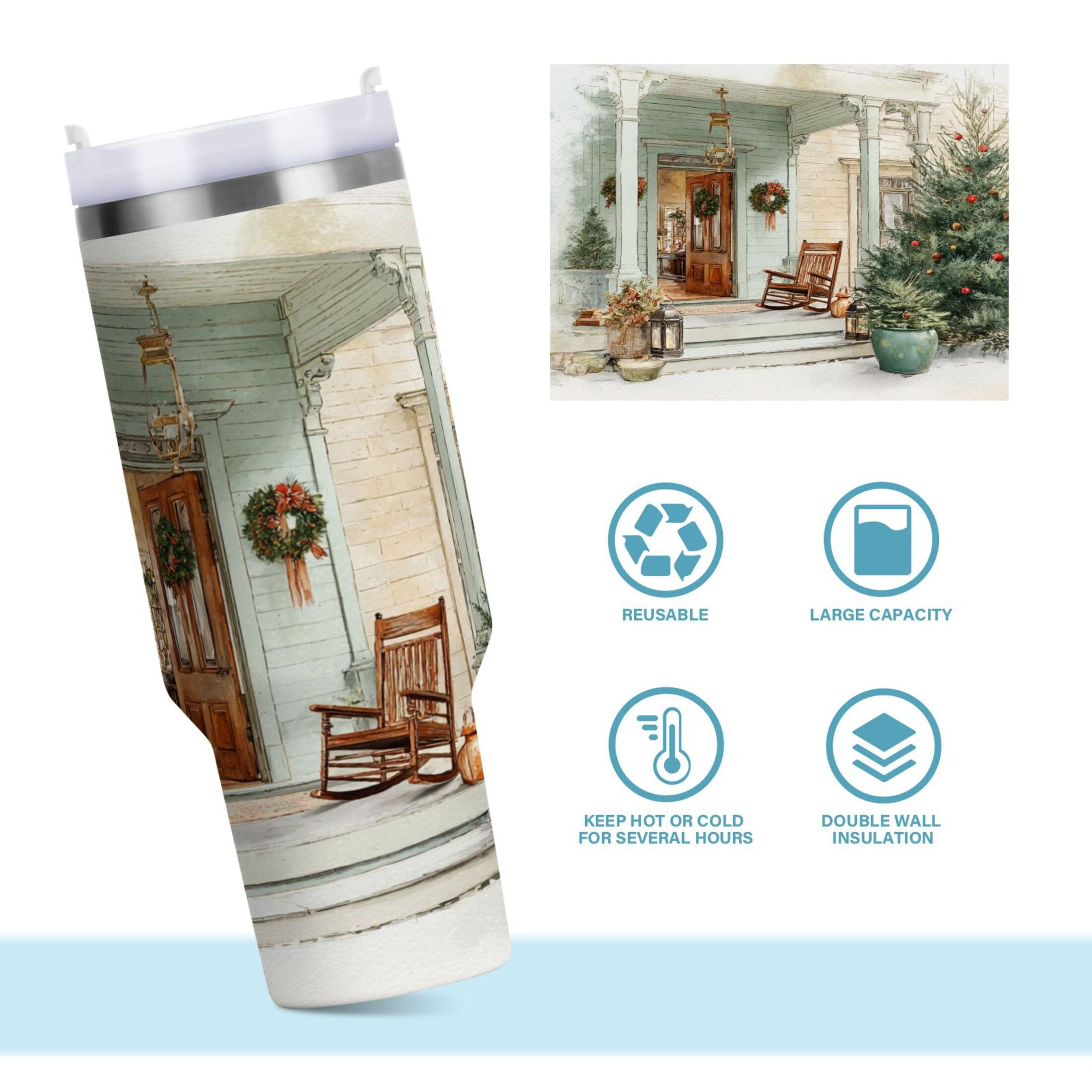30 oz Insulated Stainless Steel Tumbler Double Wall Stainless Steel Tumbler with 2-Way Drinking Charming Christmas Doorway M670E