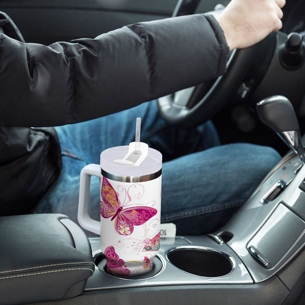 30 oz Insulated Stainless Steel Tumbler Double Wall Stainless Steel Tumbler with 2-Way Drinking Colorful Butterflies M605P