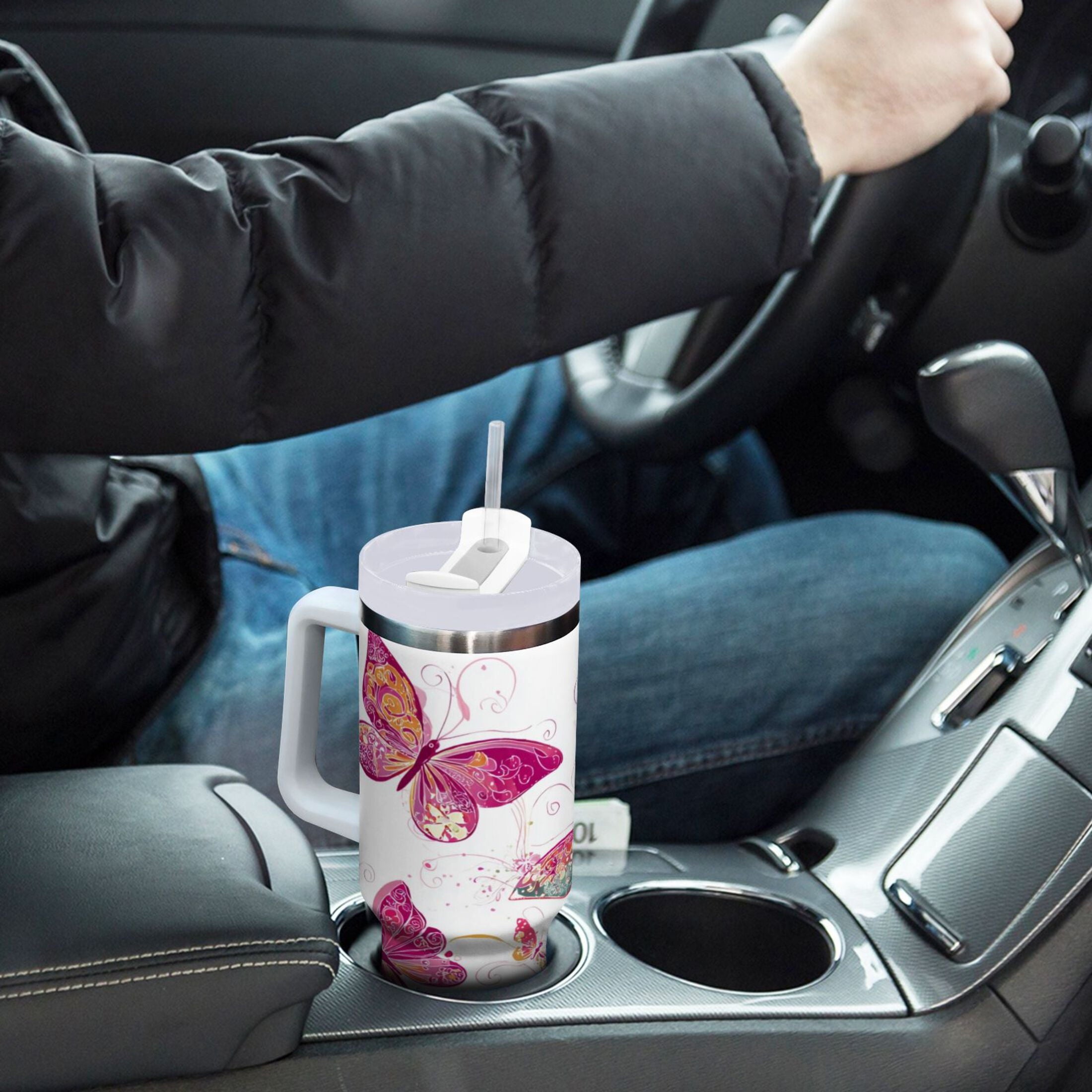 30 oz Insulated Stainless Steel Tumbler Double Wall Stainless Steel Tumbler with 2-Way Drinking Colorful Butterflies M605P