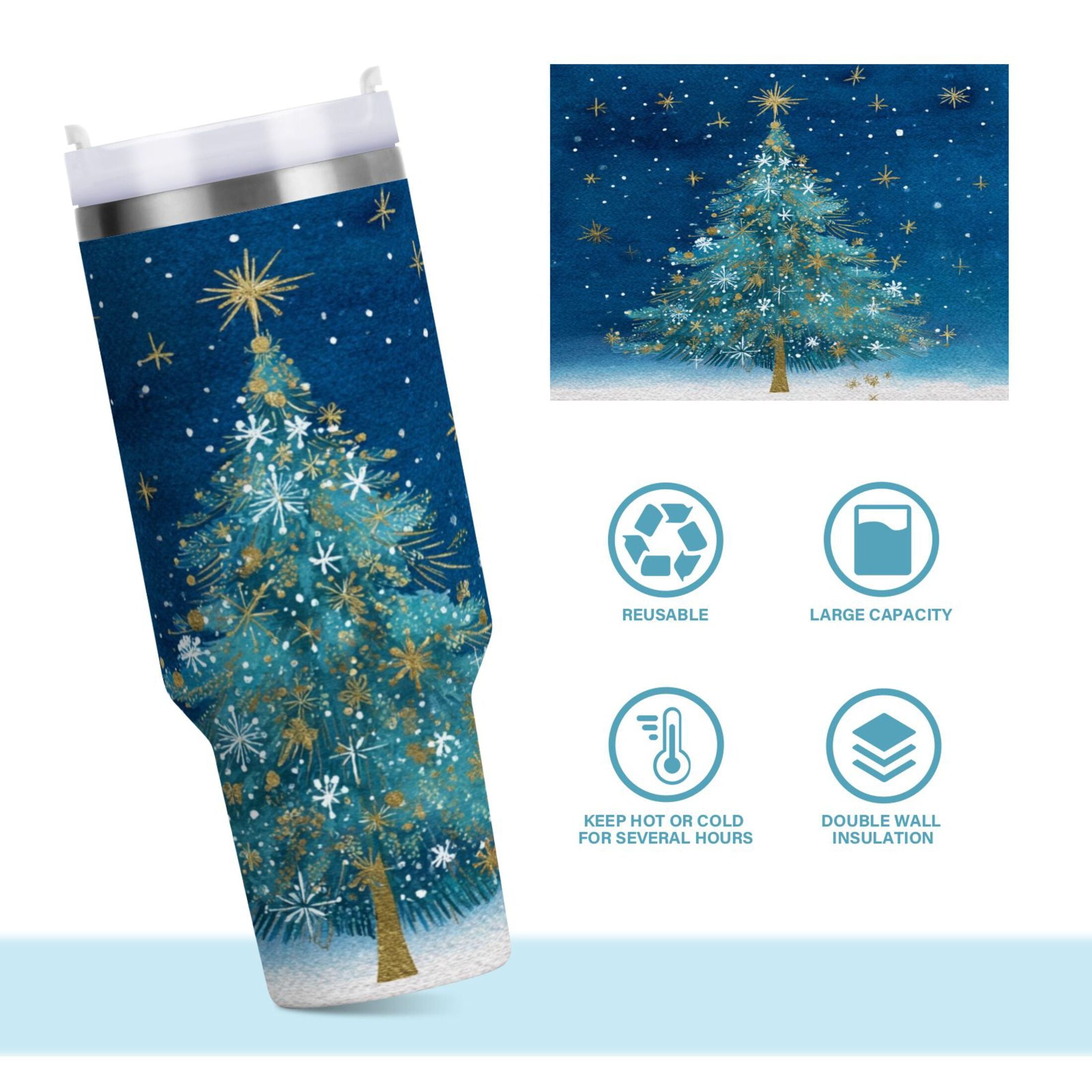 40 oz Insulated Stainless Steel Tumbler Double Wall Stainless Steel Tumbler with 2-Way Drinking Watercolor Christmas Tree M597Z