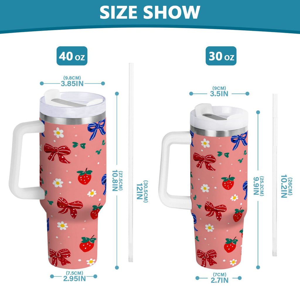 40 oz Insulated Stainless Steel Tumbler Double Wall Stainless Steel Tumbler with 2-Way Drinking Bows and Strawberries Pattern M511V