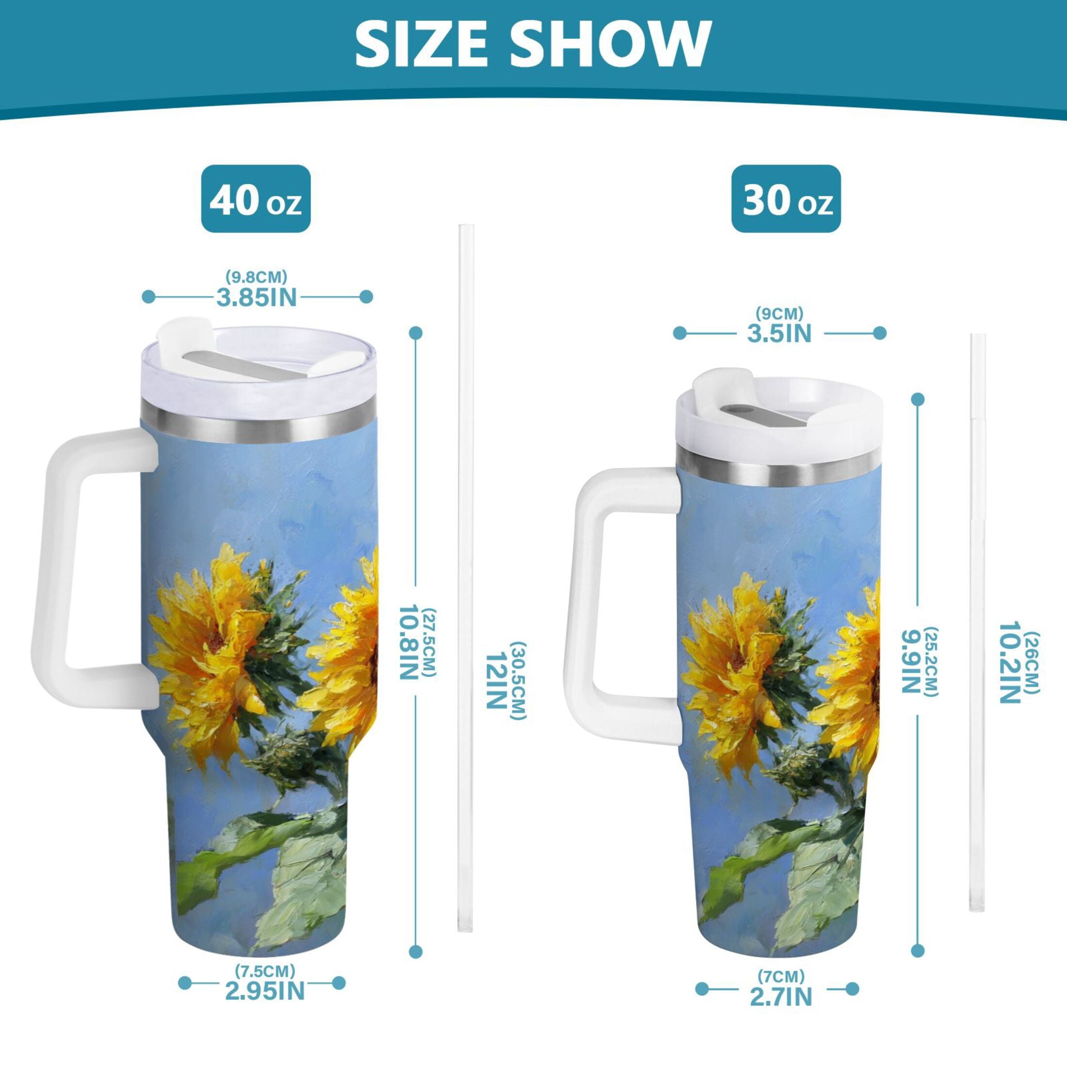 40 oz Insulated Stainless Steel Tumbler Double Wall Stainless Steel Tumbler with 2-Way Drinking Sunflowers Painting M611F