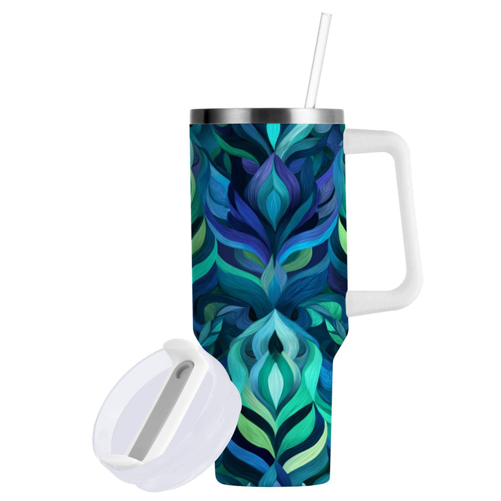 40 oz Insulated Stainless Steel Tumbler Double Wall Stainless Steel Tumbler with 2-Way Drinking Elegant Blue Abstract Shapes M609R