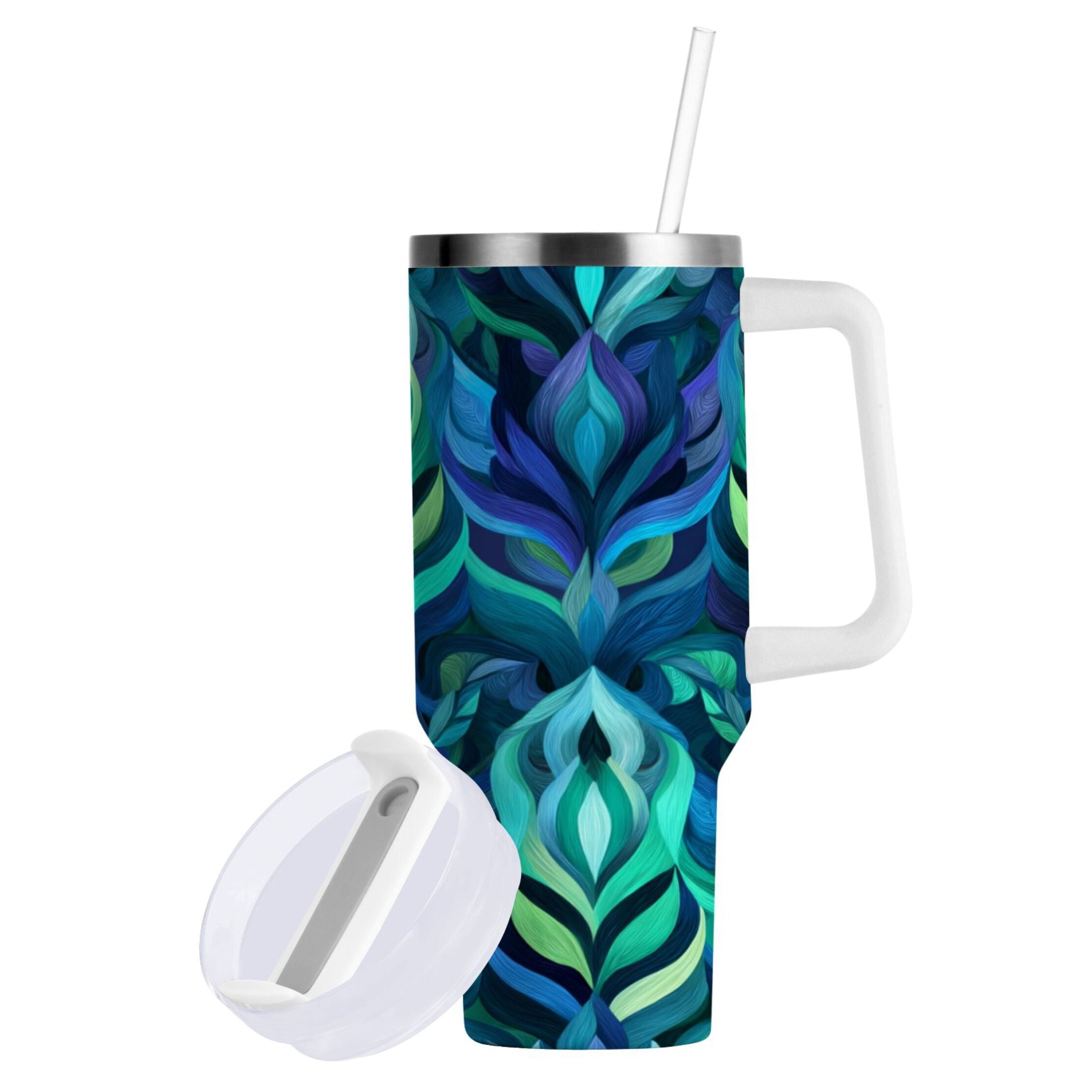 40 oz Insulated Stainless Steel Tumbler Double Wall Stainless Steel Tumbler with 2-Way Drinking Elegant Blue Abstract Shapes M609R
