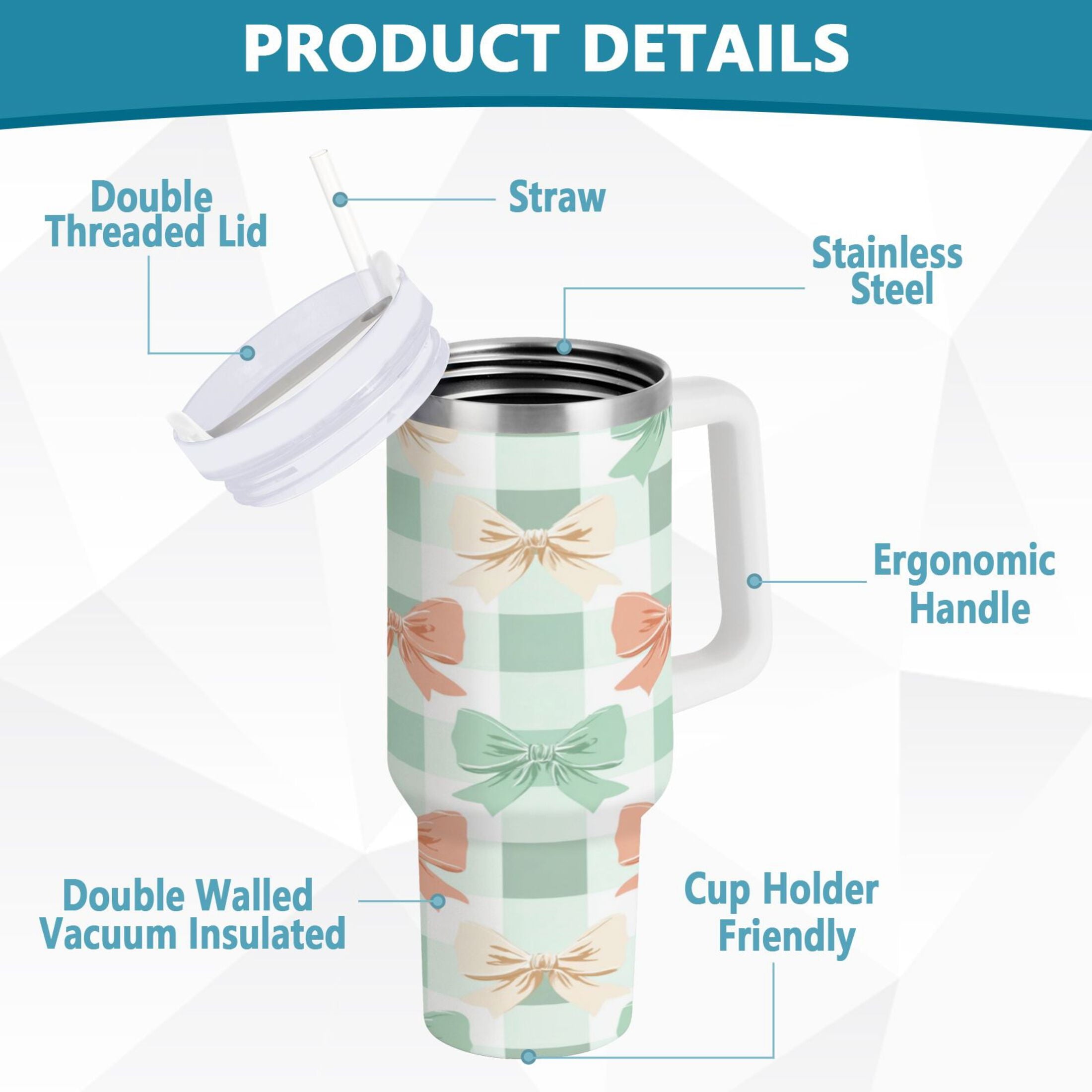 40 oz Insulated Stainless Steel Tumbler Double Wall Stainless Steel Tumbler with 2-Way Drinking Green and Peach Bow Pattern M544A