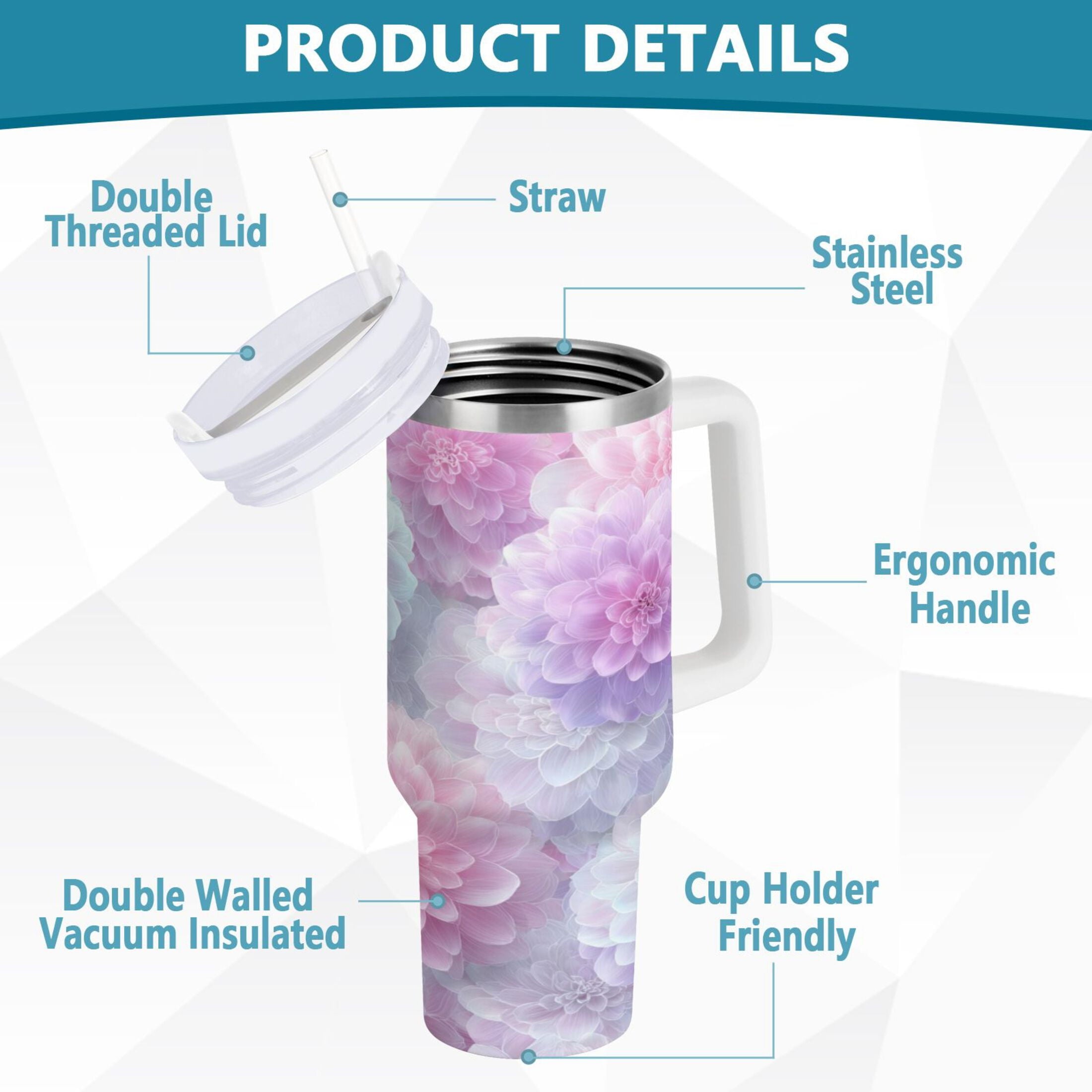 30 oz Insulated Stainless Steel Tumbler Double Wall Stainless Steel Tumbler with 2-Way Drinking Cute Pastel Watercolor Floral M578Q
