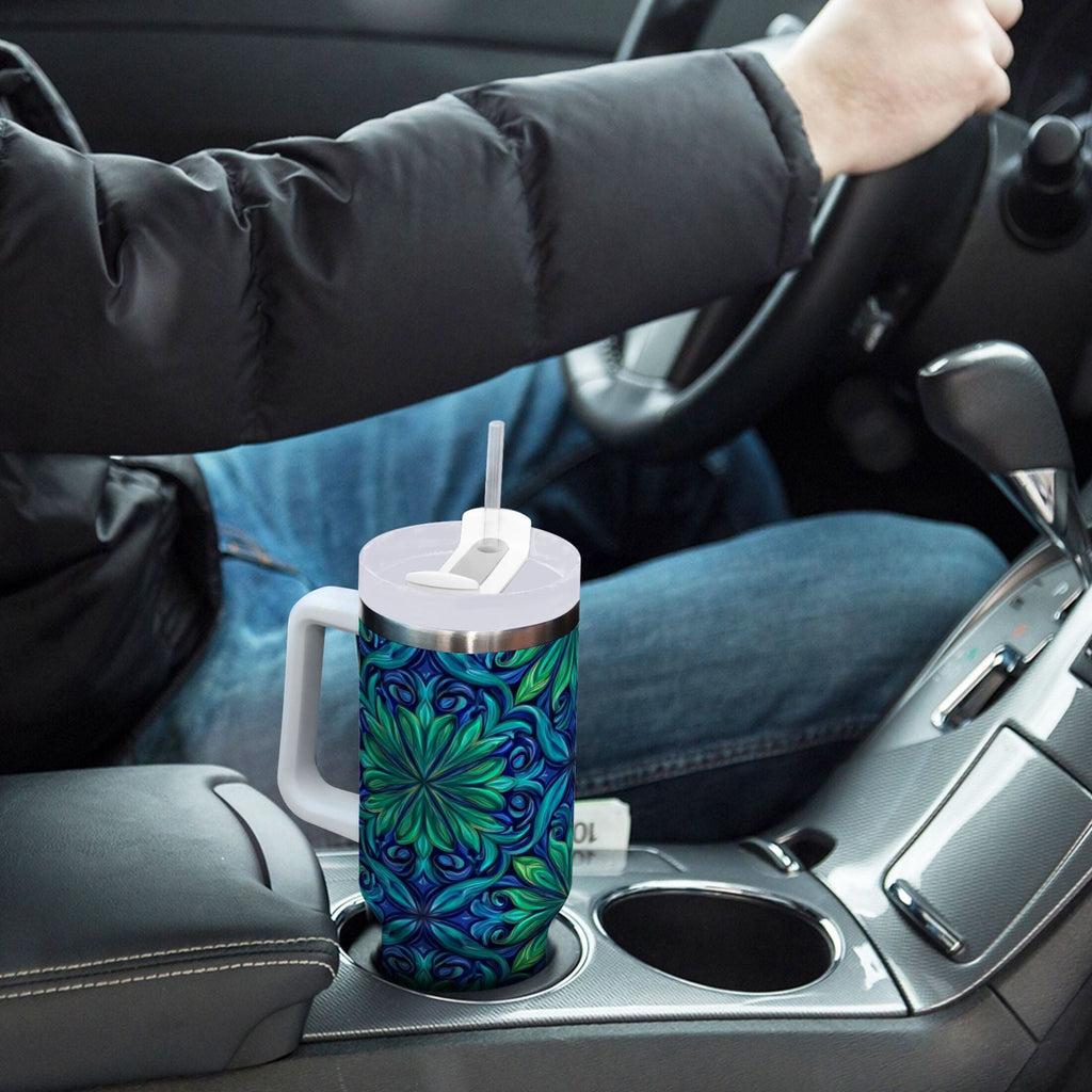 40 oz Insulated Stainless Steel Tumbler Double Wall Stainless Steel Tumbler with 2-Way Drinking Elegant Blue Traditional Patterns M603U