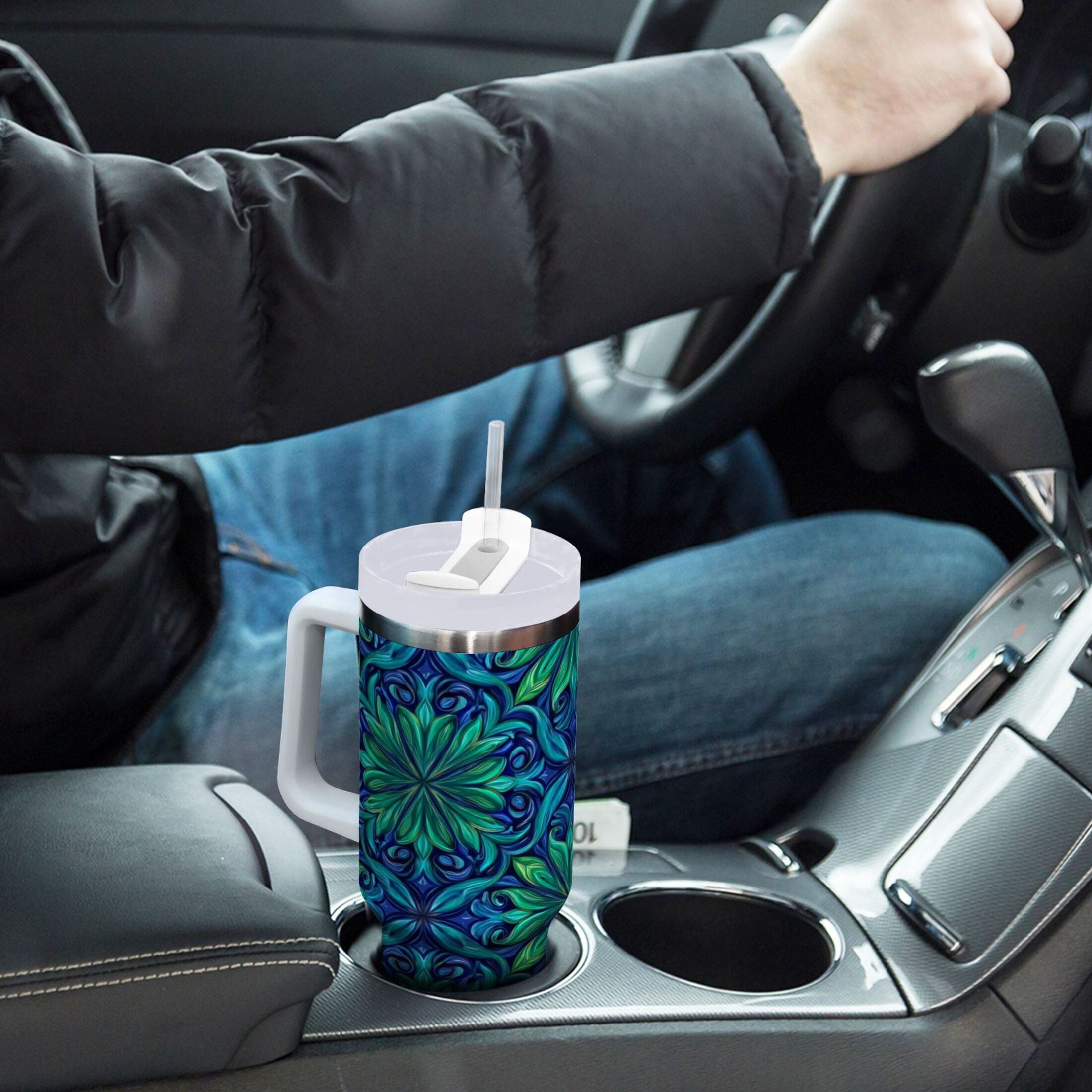 40 oz Insulated Stainless Steel Tumbler Double Wall Stainless Steel Tumbler with 2-Way Drinking Elegant Blue Traditional Patterns M603U