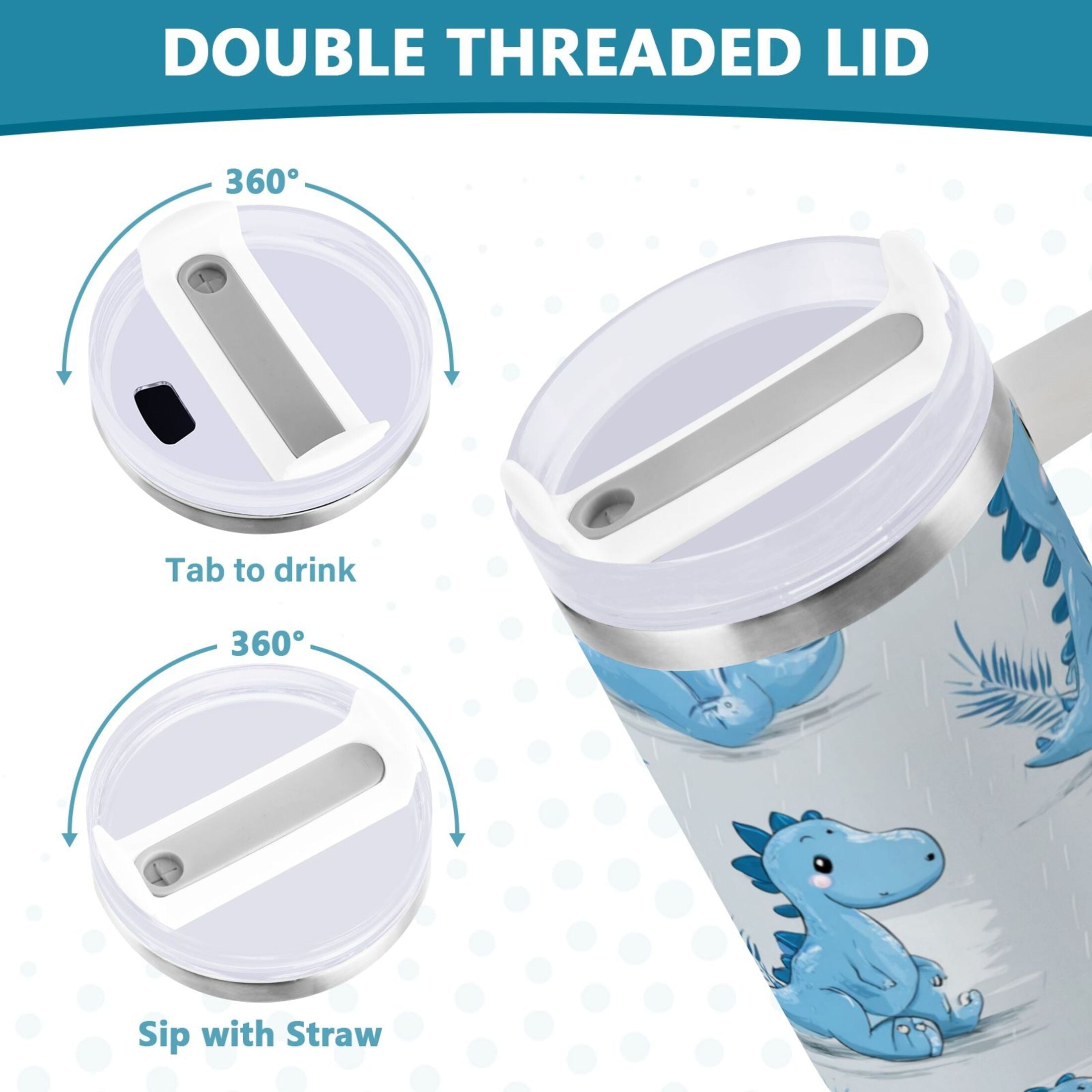 30 oz Insulated Stainless Steel Tumbler Double Wall Stainless Steel Tumbler with 2-Way Drinking Cartoon Blue Dinosaurs M495P