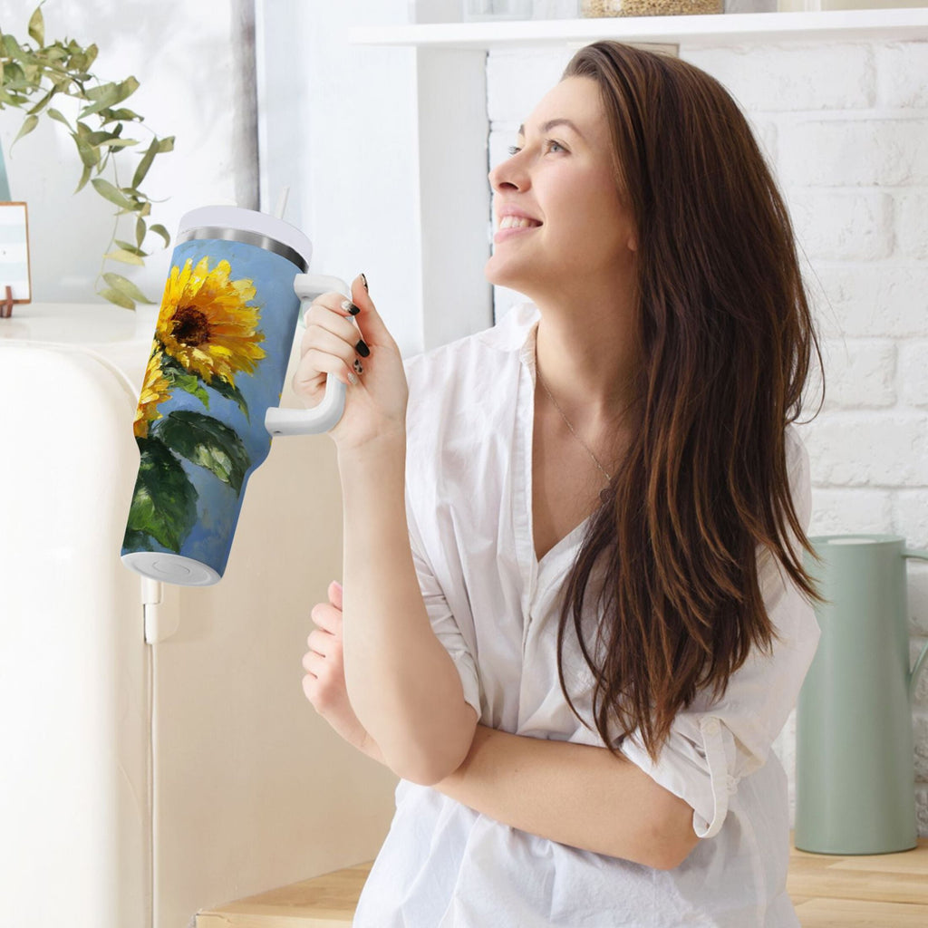 40 oz Insulated Stainless Steel Tumbler Double Wall Stainless Steel Tumbler with 2-Way Drinking Sunflowers Painting M611F
