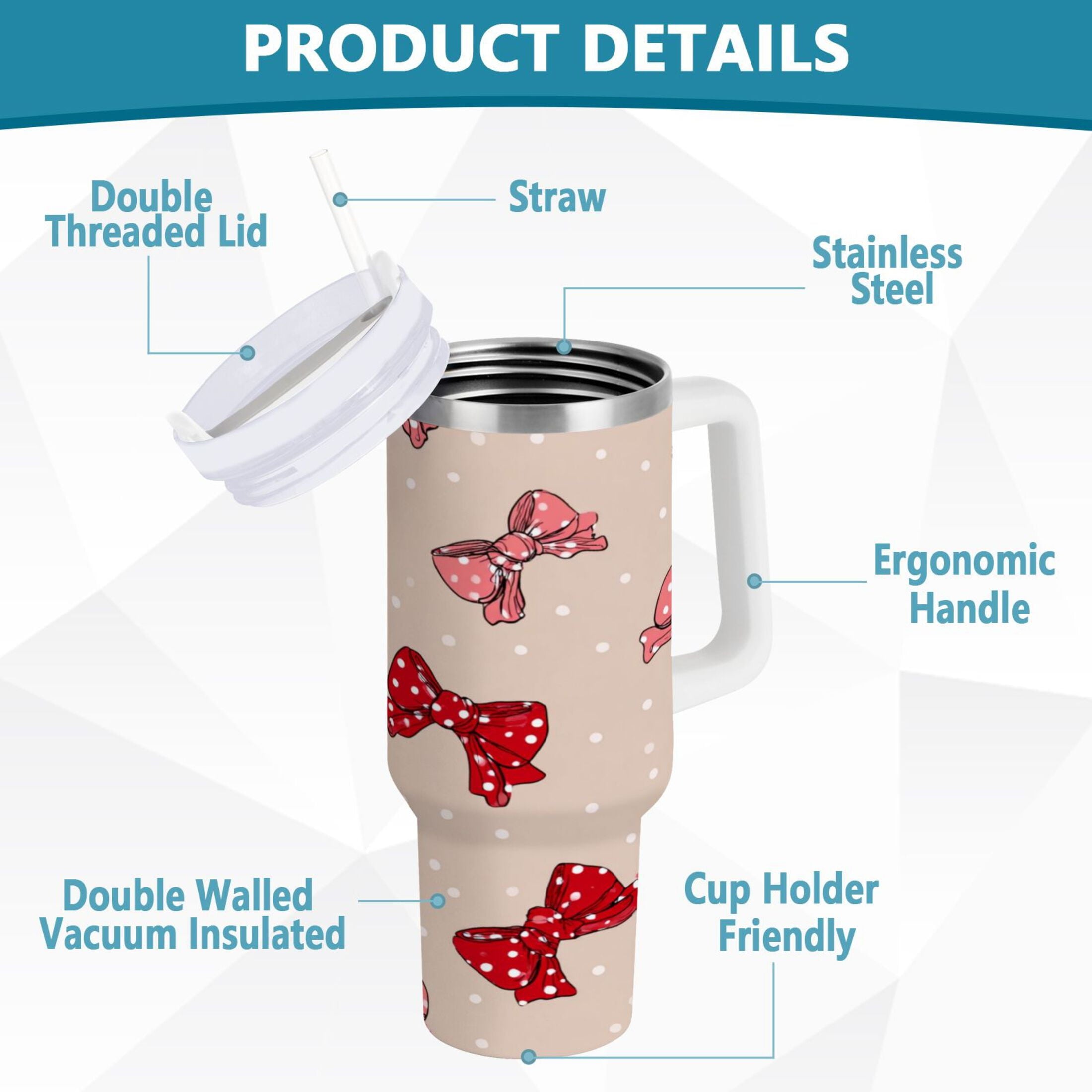 30 oz Insulated Stainless Steel Tumbler Double Wall Stainless Steel Tumbler with 2-Way Drinking Cute Red Bows Pattern M541Y