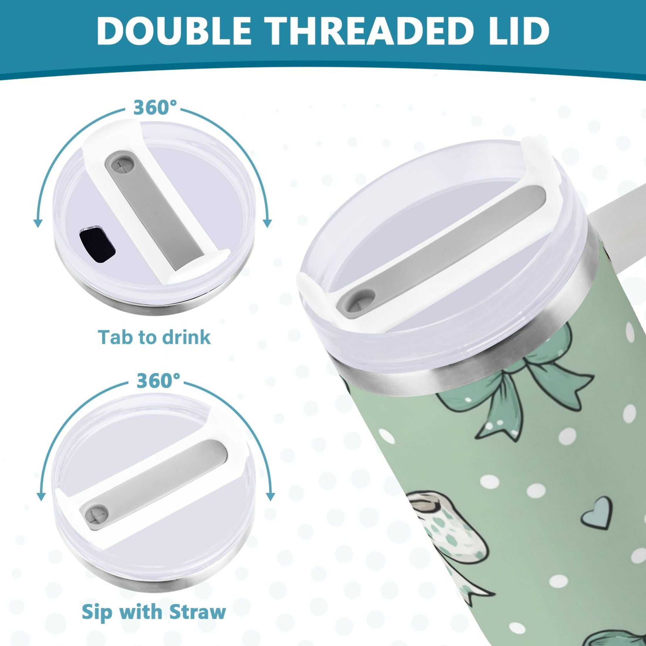 30 oz Insulated Stainless Steel Tumbler Double Wall Stainless Steel Tumbler with 2-Way Drinking Green and Mint Bows M559H