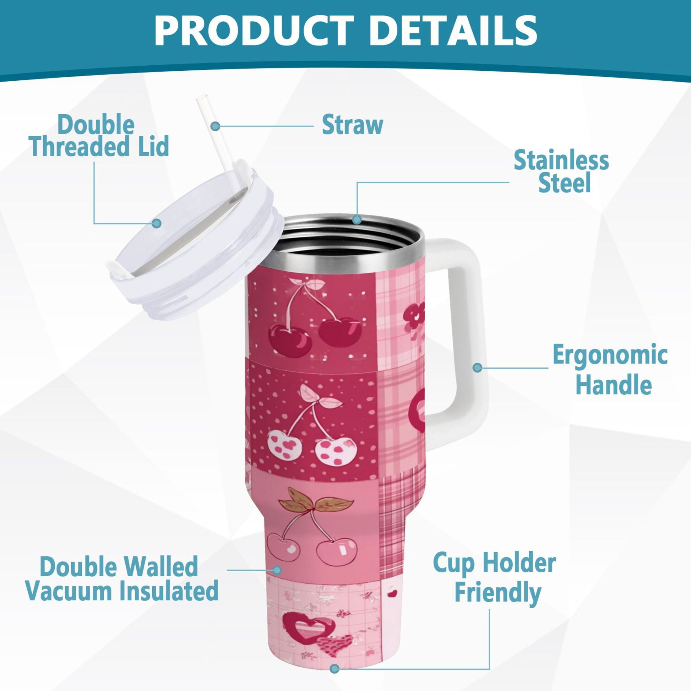 30 oz Insulated Stainless Steel Tumbler Double Wall Stainless Steel Tumbler with 2-Way Drinking Cherry Pattern with Bows M634P