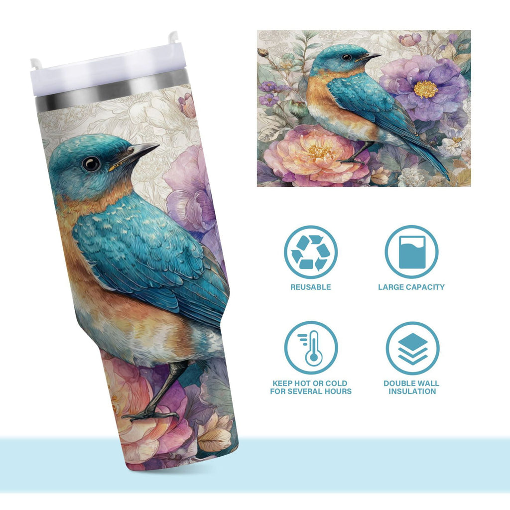 30 oz Insulated Stainless Steel Tumbler Double Wall Stainless Steel Tumbler with 2-Way Drinking Bluebird and Flower M538M