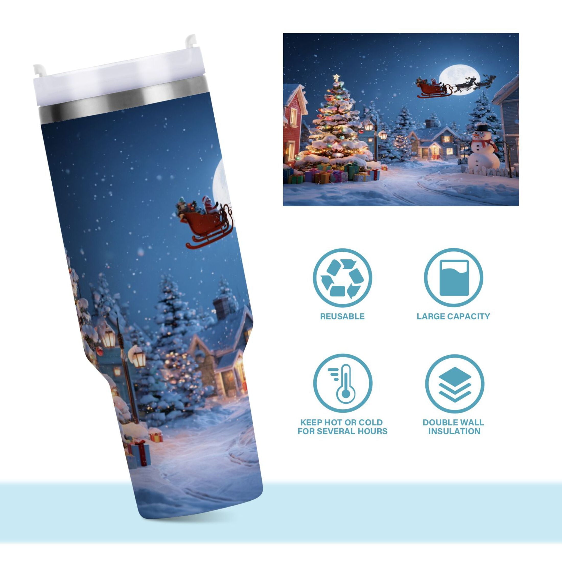 30 oz Insulated Stainless Steel Tumbler Double Wall Stainless Steel Tumbler with 2-Way Drinking Christmas Night Scene M606P