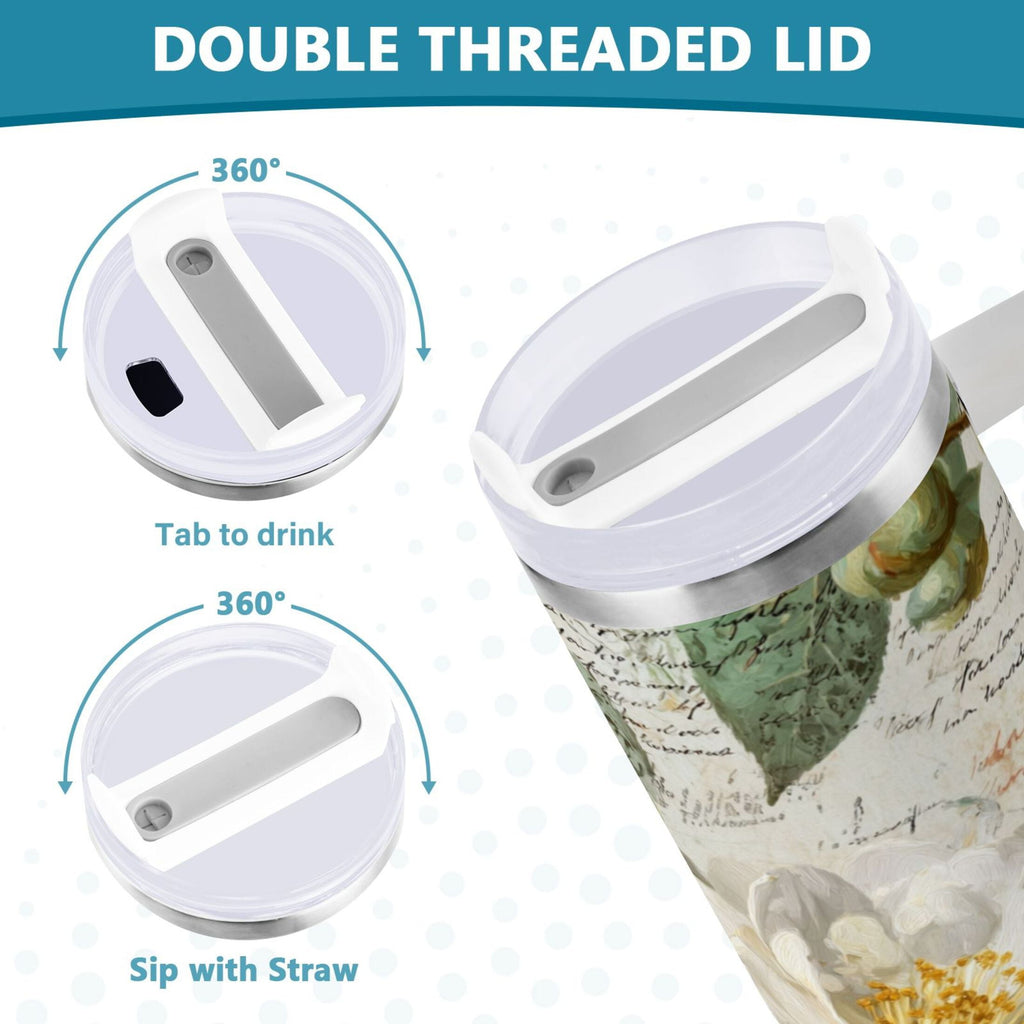 40 oz Insulated Stainless Steel Tumbler Double Wall Stainless Steel Tumbler with 2-Way Drinking Vintage White Camellias M622L